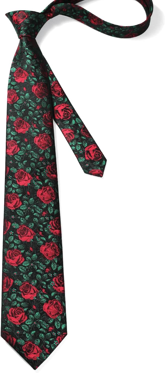 Men Floral Ties Woven Classic 3.4" NeckTie Set Formal Tie Pocket Square for Wedding with Handkerchief