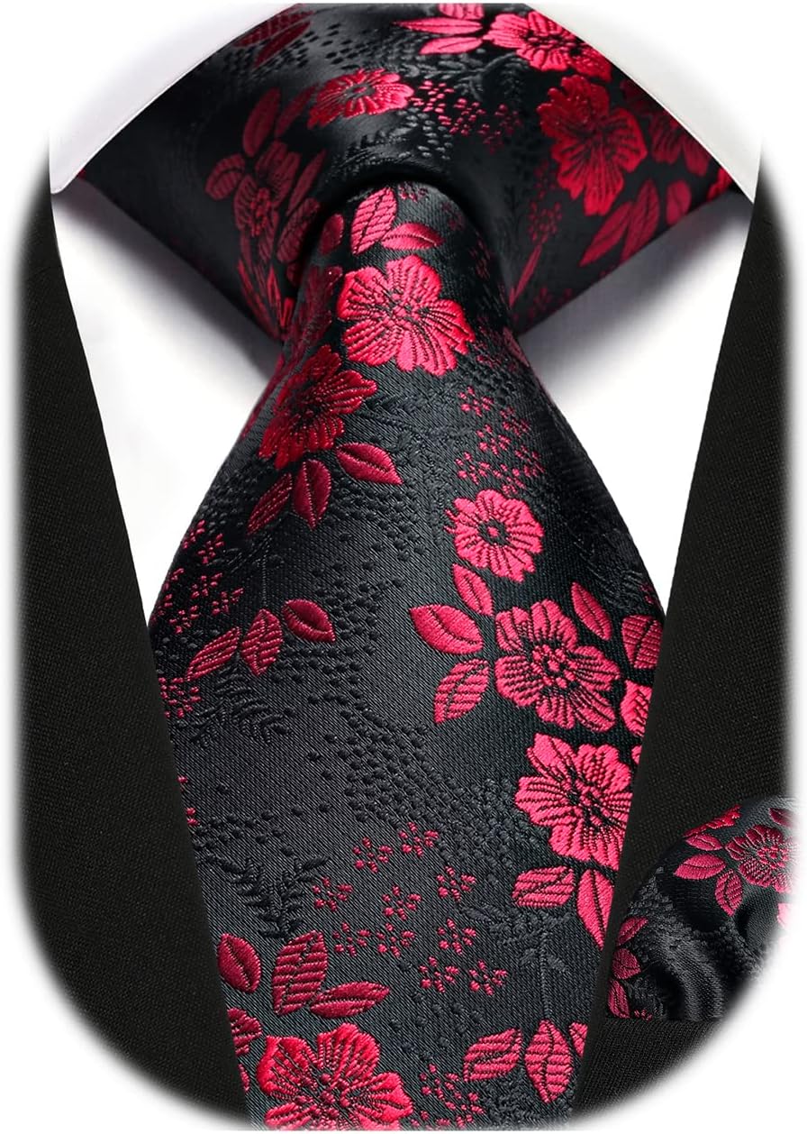 Men Floral Ties Woven Classic 3.4" NeckTie Set Formal Tie Pocket Square for Wedding with Handkerchief