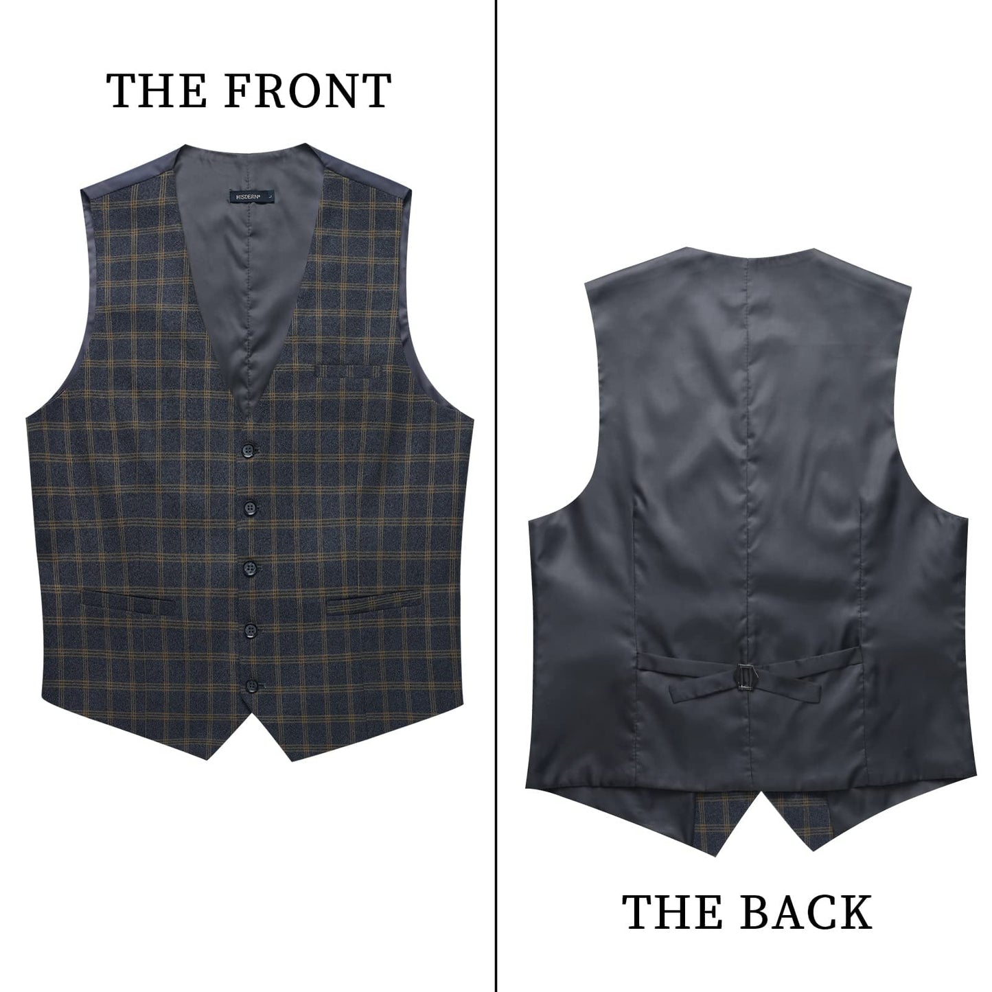 HISDERN Men's Suit Vest Plaid Dress Vest for Men Slim Fit Formal Business Waistcoat Tuxedo V-Ncek Solid Vest for Wedding