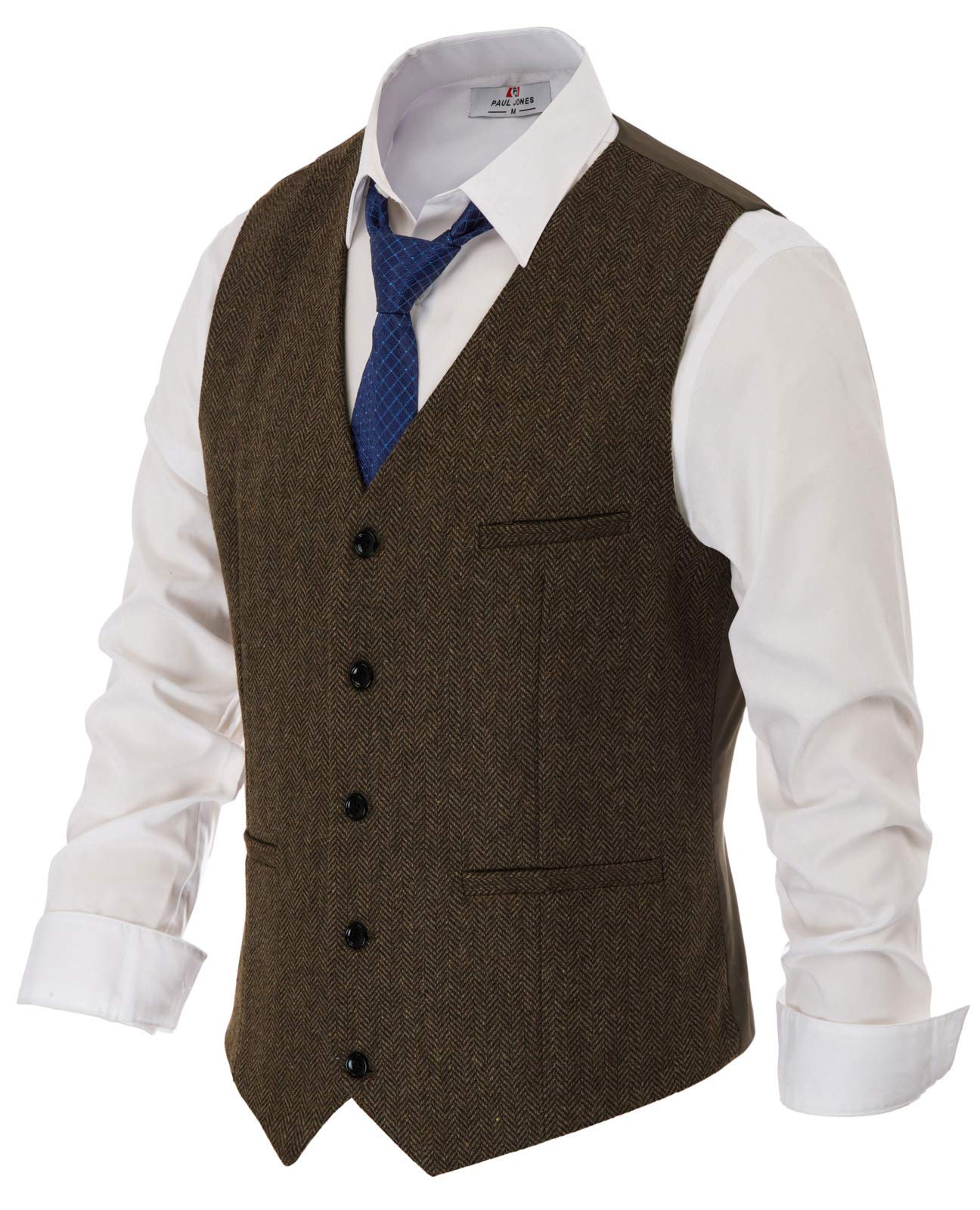 PJ PAUL JONES Men's Herringbone Tweed Suit Vest Casual Wool Blend Waistcoat