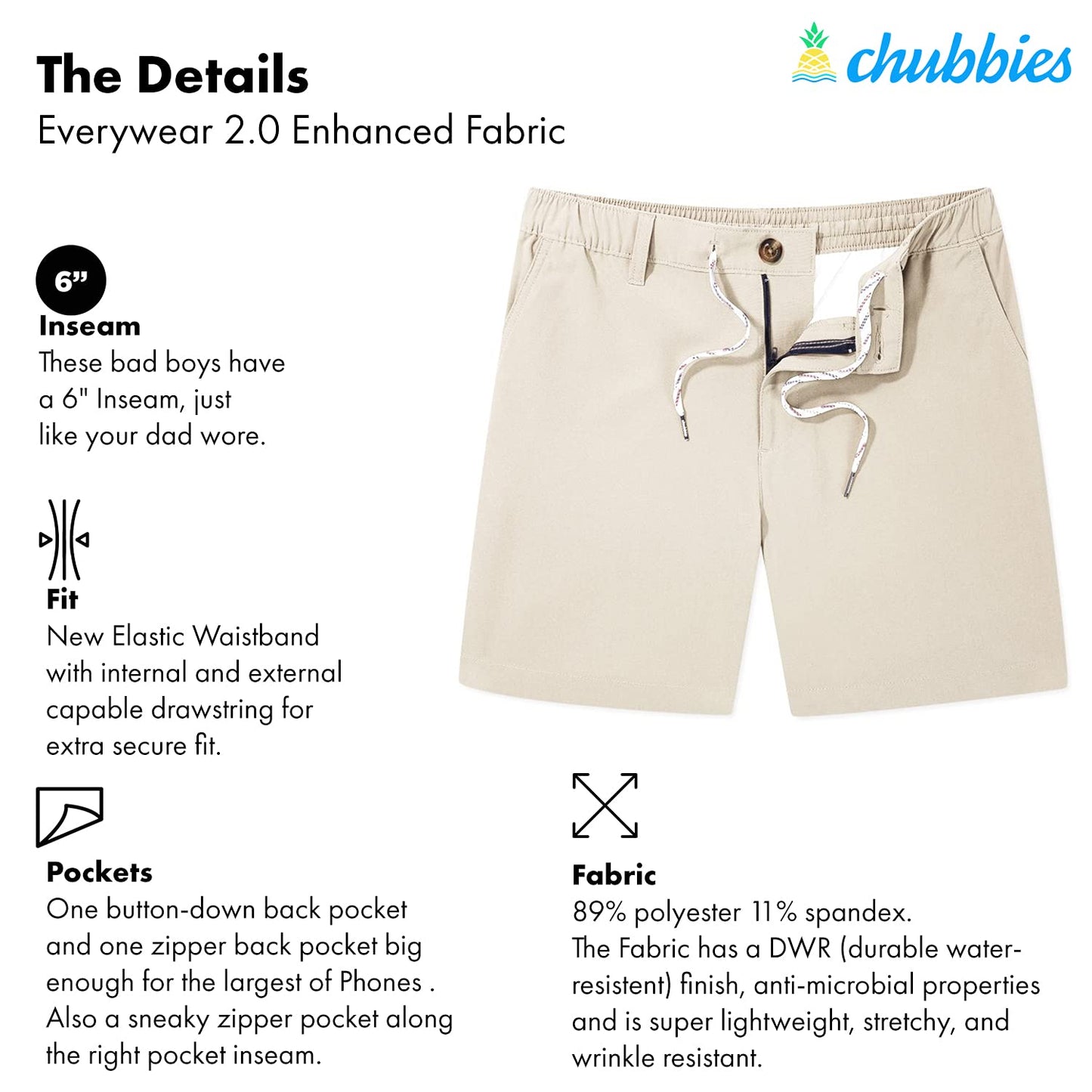 Chubbies Men's Performance Everywear Shorts 6 Inch Inseam, Water Resistant Chino Shorts