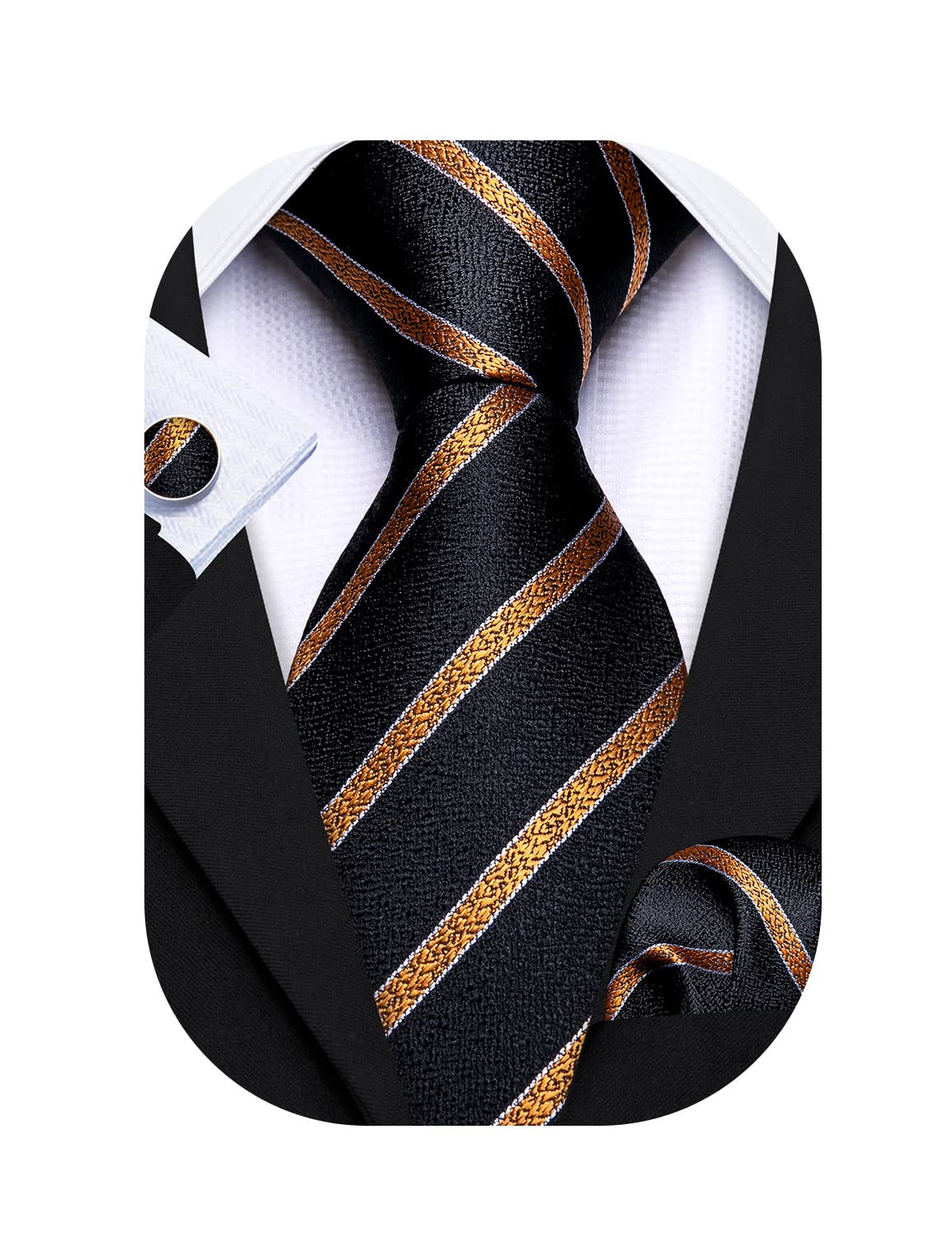 Barry.Wang Stripe Men Ties Set Classic WOVEN Necktie with Handkerchief Cufflinks Formal