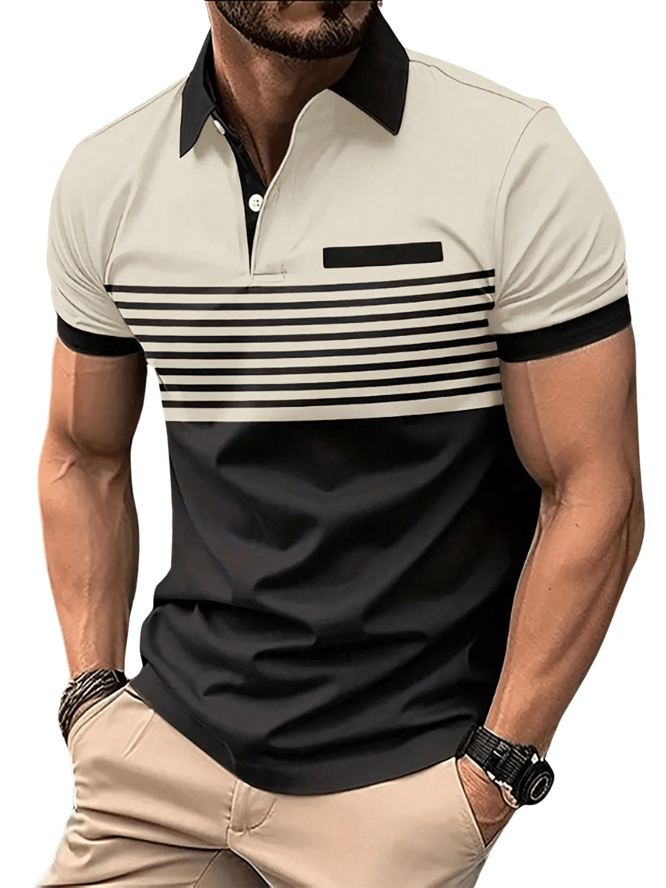 SOLY HUX Men's Golf Polo Shirts Short Sleeve Collar Tennis Shirt Color Block Striped Work T-Shirt