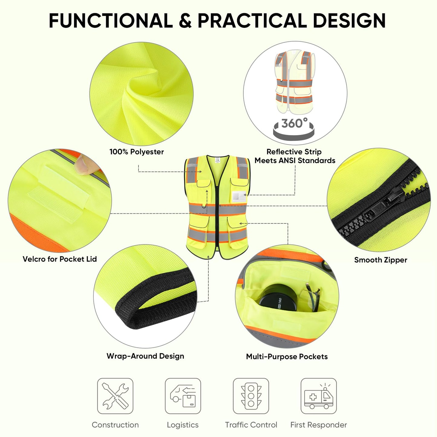 TICONN Reflective Safety Vest High Visibility Class II Mesh Vest for Women & Men Meets ANSI Standards