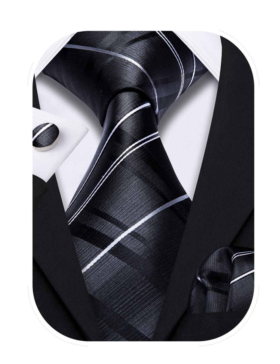 Barry.Wang Stripe Men Ties Set Classic WOVEN Necktie with Handkerchief Cufflinks Formal