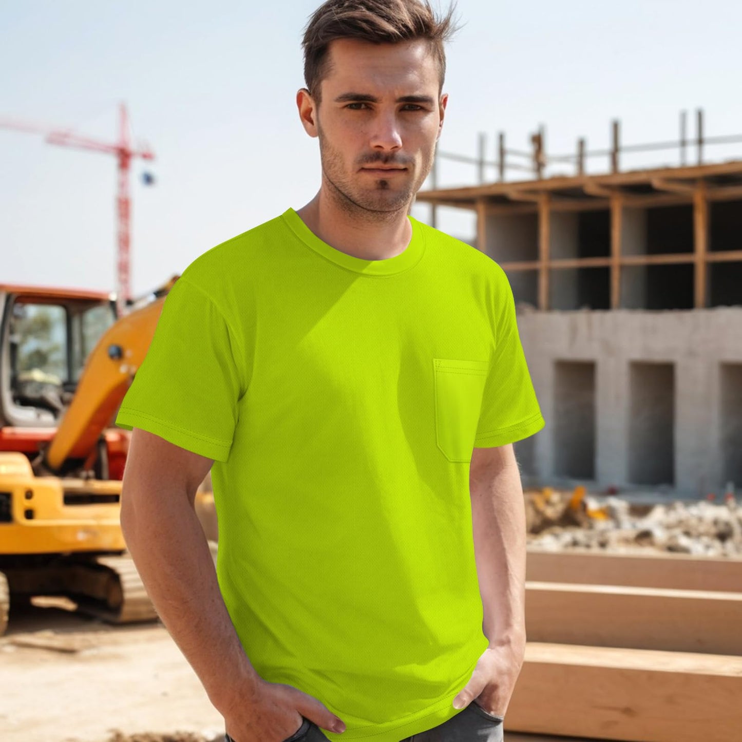 High Visibility Shirts for Men Class 3 Hi Vis Reflective Safety Construction Shirts for Men Women, Short Sleeve Work Shirts with Black Bottom, Meet ANSI, Durable & Breathable, Yellow L