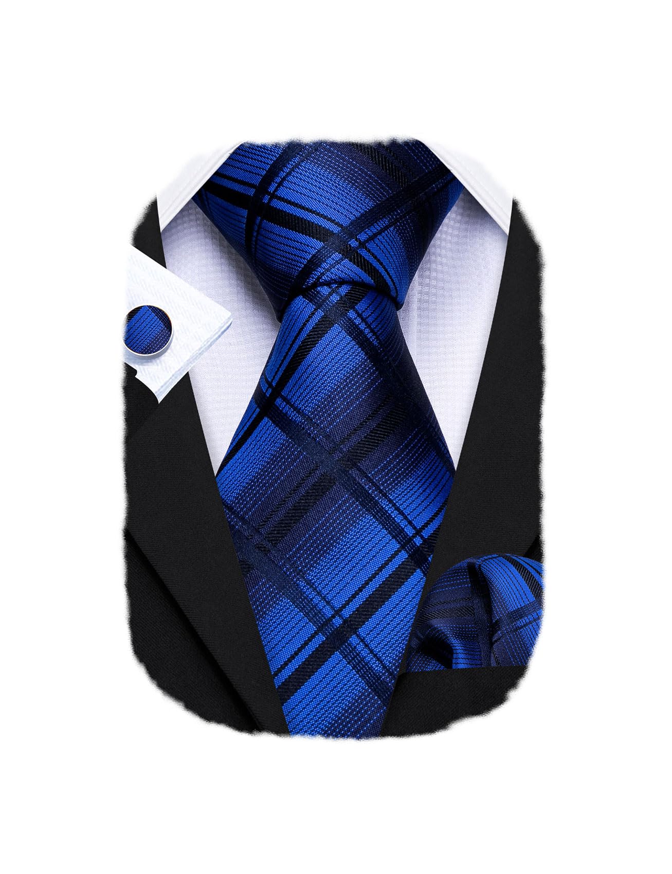 Barry.Wang Designer Classic Ties for Men Set Formal Pocket Square Cufflink Check Plaid