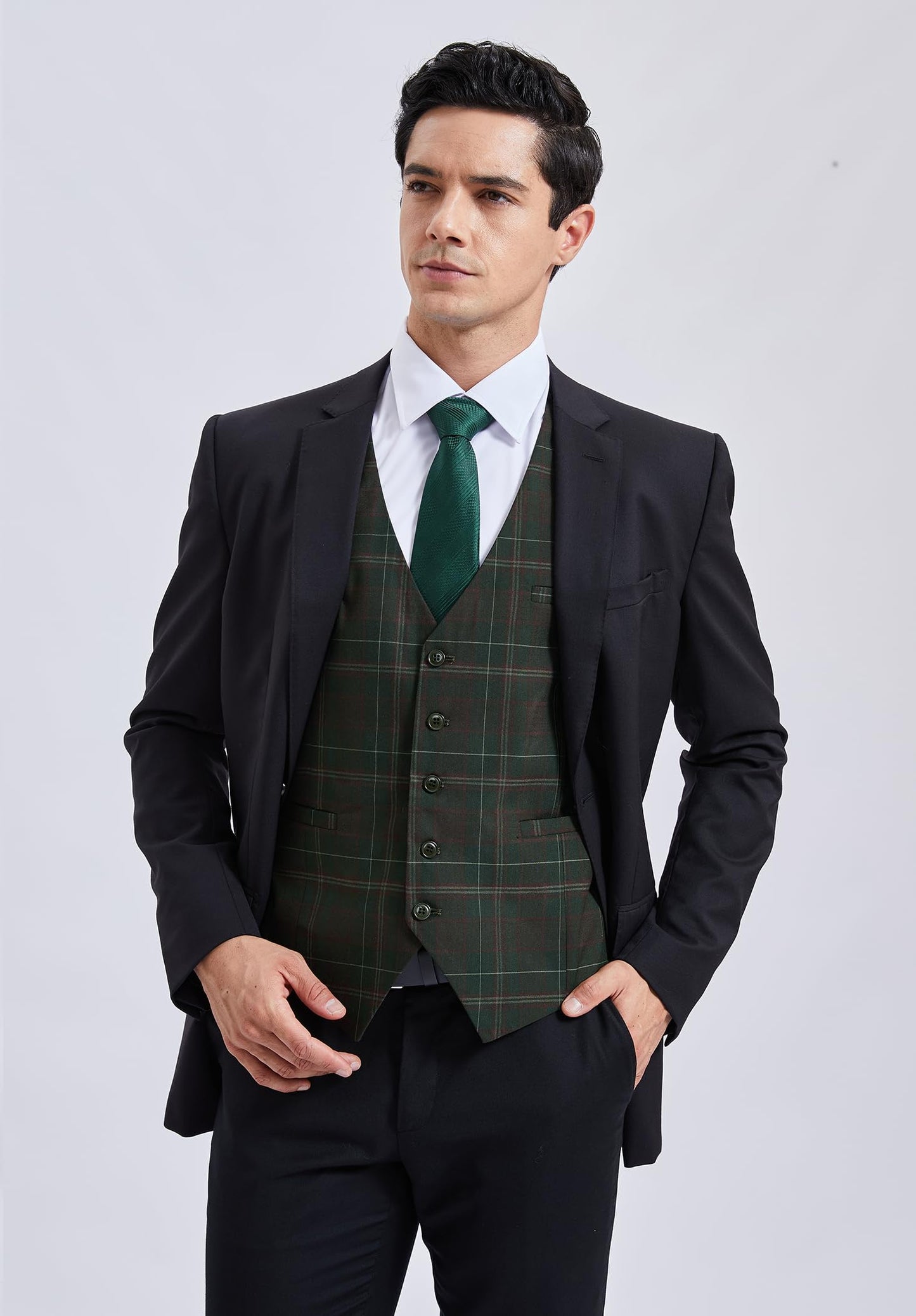 HISDERN Men's Suit Vest Business Plaid Formal Dress Waistcoat Slim Fit Vests for Men with 3 Pocket for Suit or Tuxedo