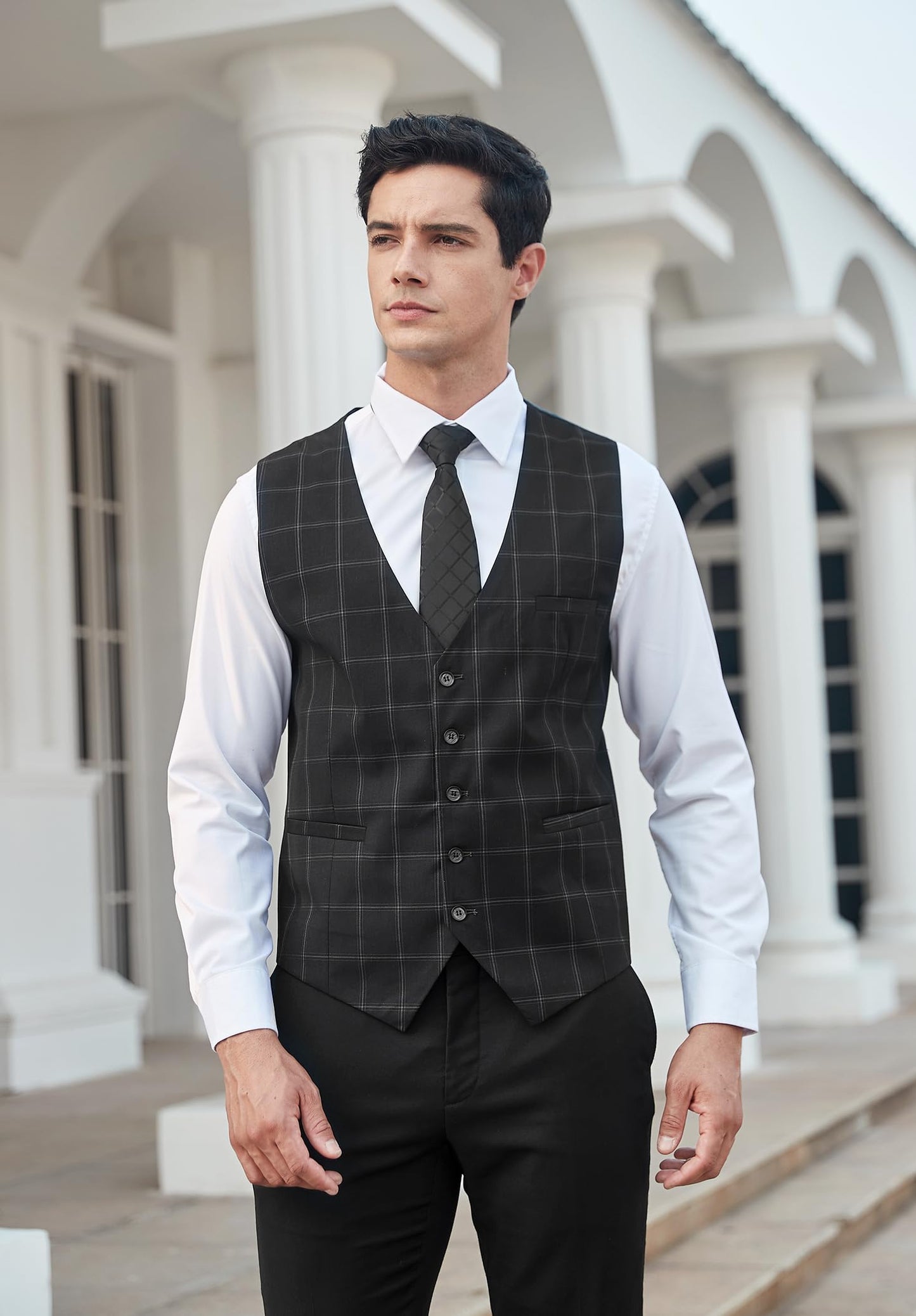 HISDERN Men's Suit Vest Business Plaid Formal Dress Waistcoat Slim Fit Vests for Men with 3 Pocket for Suit or Tuxedo