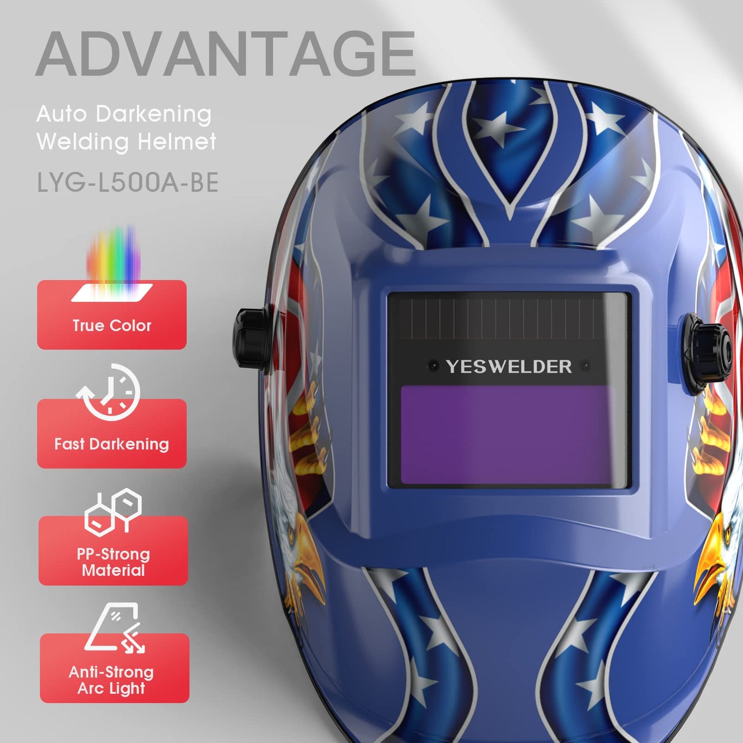 YESWELDER True Color Solar Powered Auto Darkening Welding Helmet, Wide Shade 4/9-13 for TIG MIG ARC Weld Hood Helmet LYG-L500A-VM