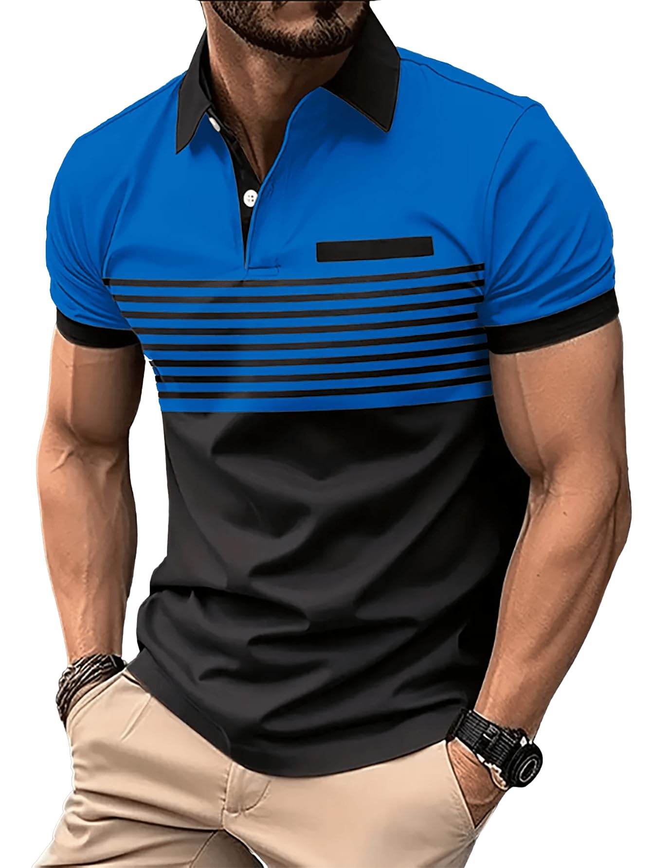 SOLY HUX Men's Golf Polo Shirts Short Sleeve Collar Tennis Shirt Color Block Striped Work T-Shirt