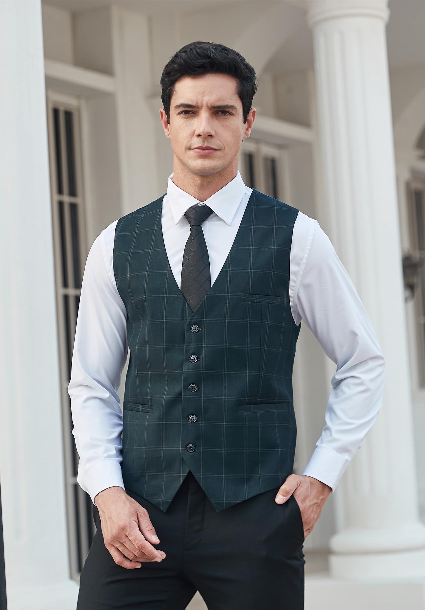 HISDERN Men's Suit Vest Business Plaid Formal Dress Waistcoat Slim Fit Vests for Men with 3 Pocket for Suit or Tuxedo