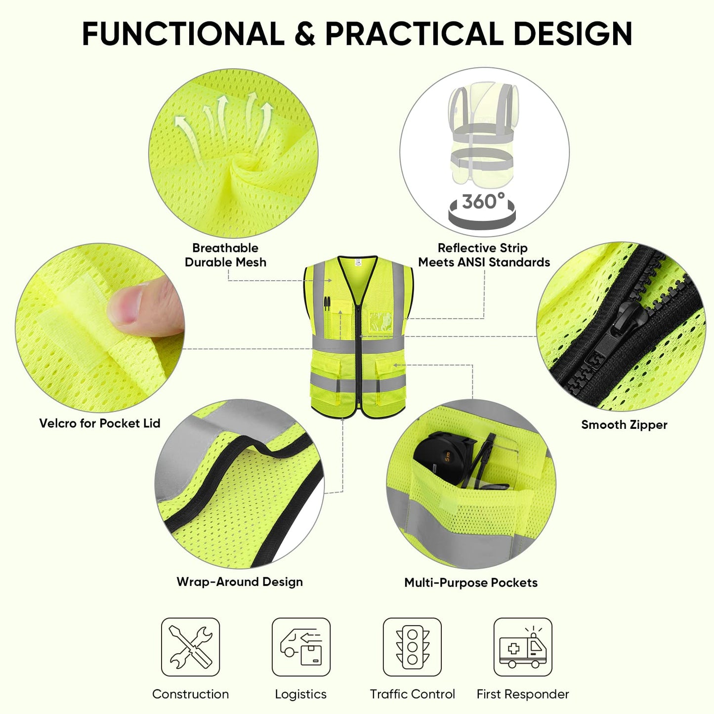 TICONN Reflective Safety Vest High Visibility Class II Mesh Vest for Women & Men Meets ANSI Standards