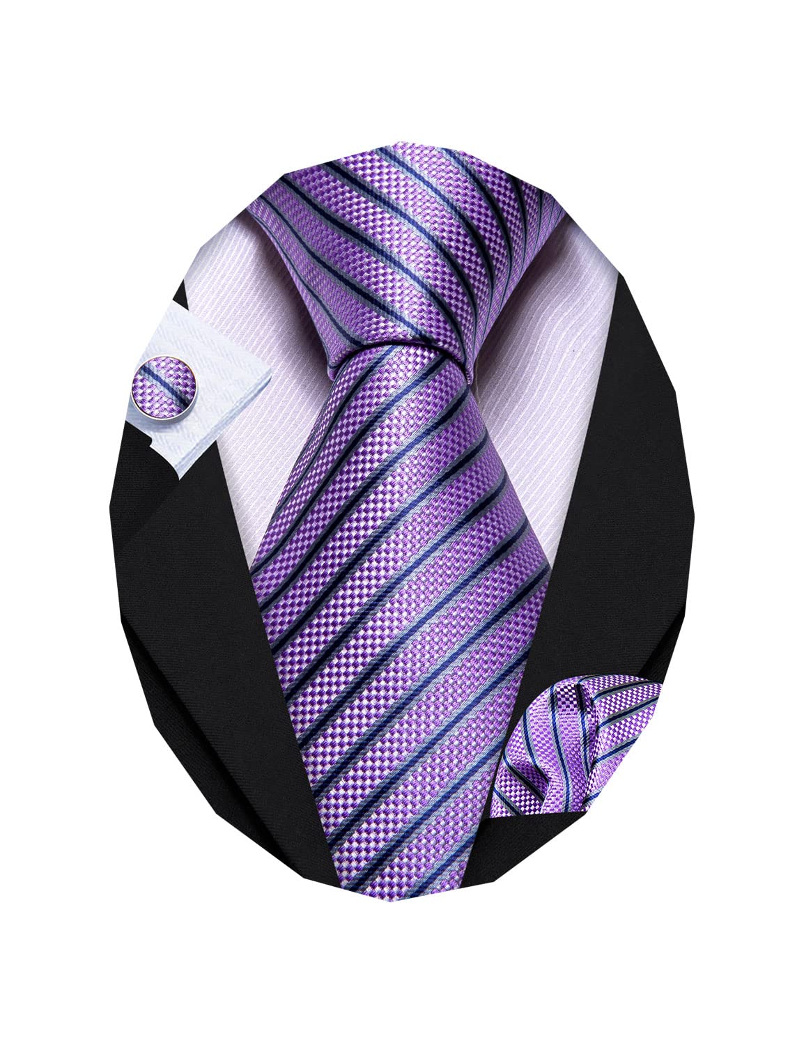 Barry.Wang Stripe Men Ties Set Classic WOVEN Necktie with Handkerchief Cufflinks Formal