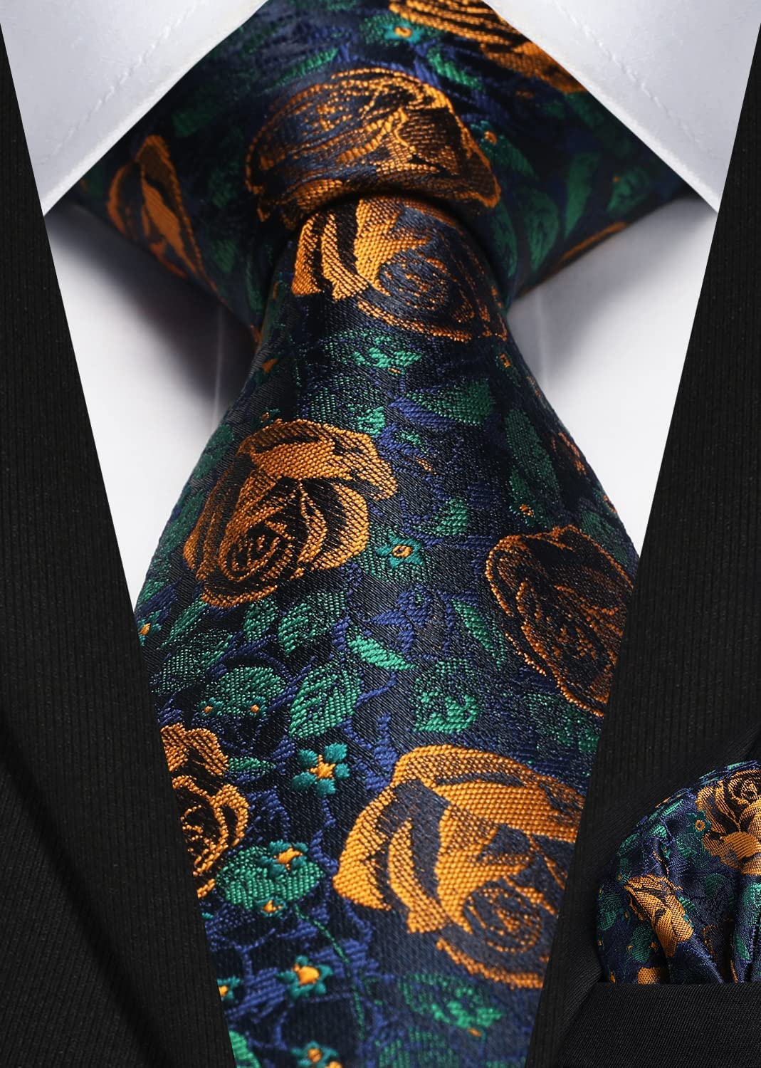 Men Floral Ties Woven Classic 3.4" NeckTie Set Formal Tie Pocket Square for Wedding with Handkerchief