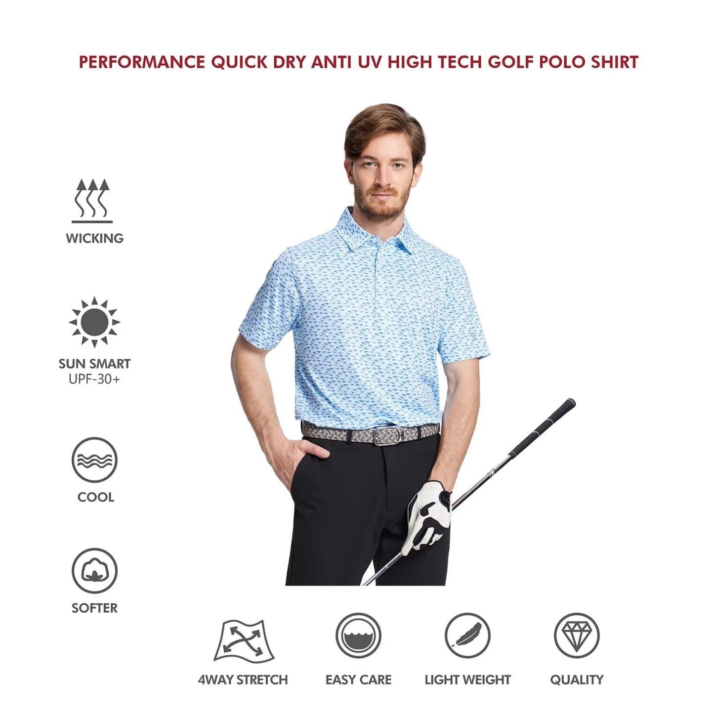 Men's Golf Polo Shirts Short Sleeve Striped Performance Moisture Wicking Dry Fit Golf Shirts for Men