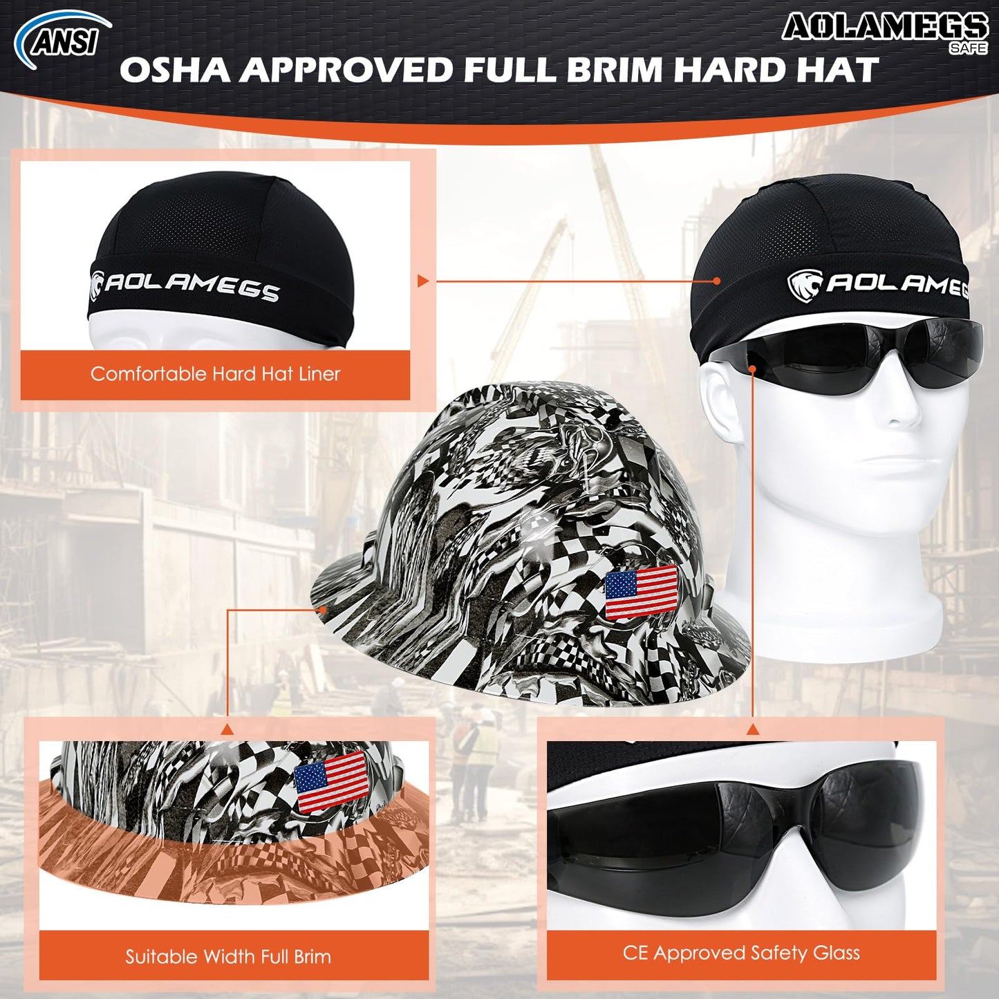 Stylish Full Brim Hard Hat with Visor and Liner (Option) -OSHA Approved Construction Safety Helmet for Men Women,ANSI Z89.1 Carbon Fiber Pattern Hardhats with Glasses and Chin Strap,4-pt