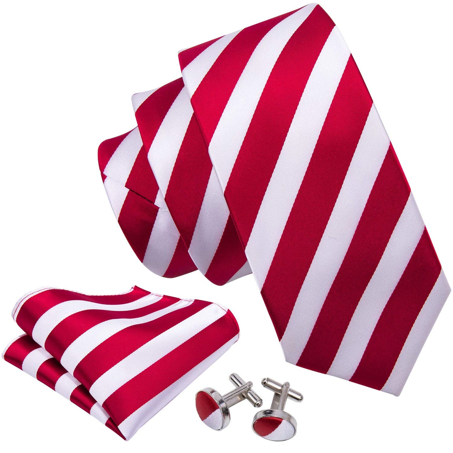 Barry.Wang Stripe Men Ties Set Classic WOVEN Necktie with Handkerchief Cufflinks Formal