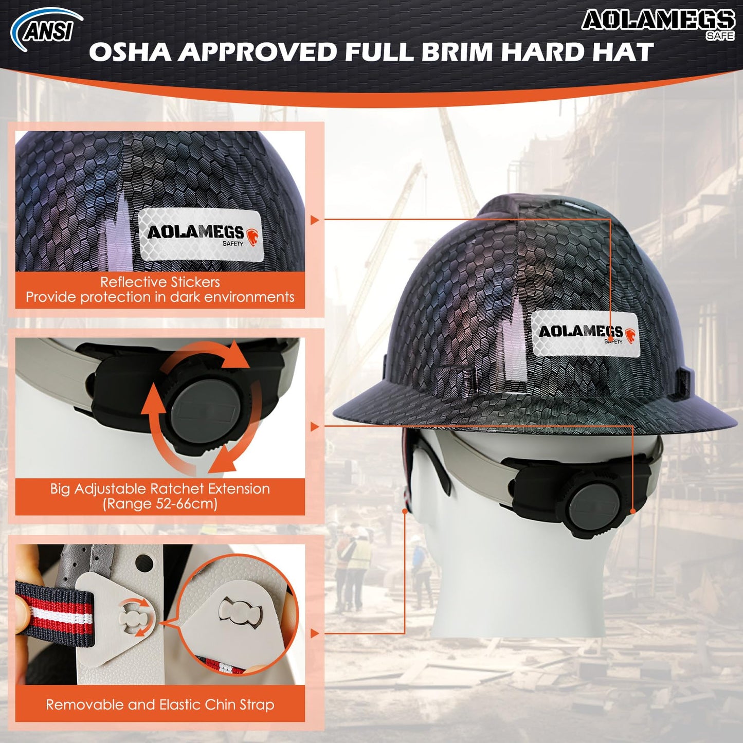 Stylish Full Brim Hard Hat with Visor and Liner (Option) -OSHA Approved Construction Safety Helmet for Men Women,ANSI Z89.1 Carbon Fiber Pattern Hardhats with Glasses and Chin Strap,4-pt