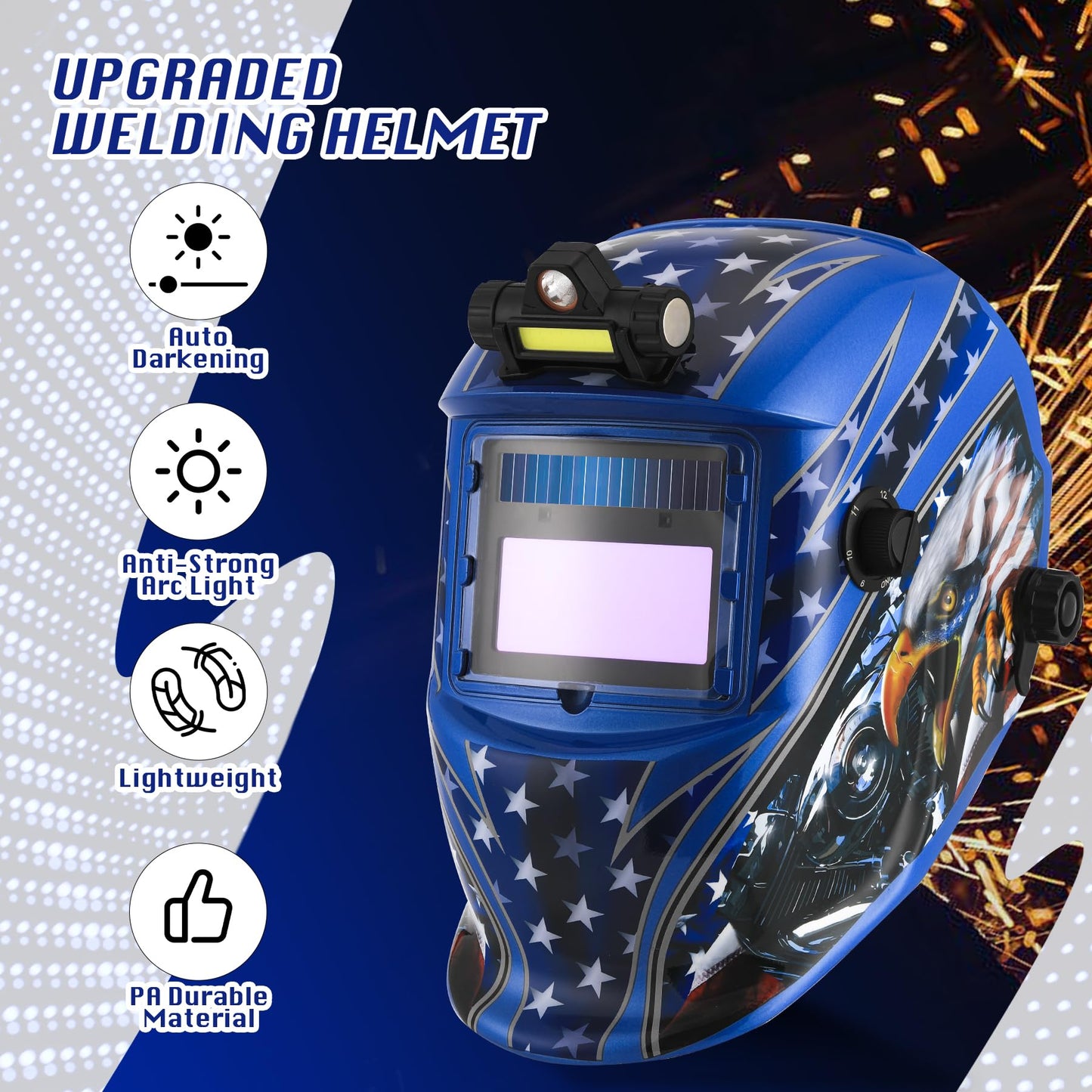 Welding Helmet Auto Darkening with LED Light Solar Powered Welder Hood with Adjustable Shade Range 4/9-13 for Mig Tig Arc Welding Mask