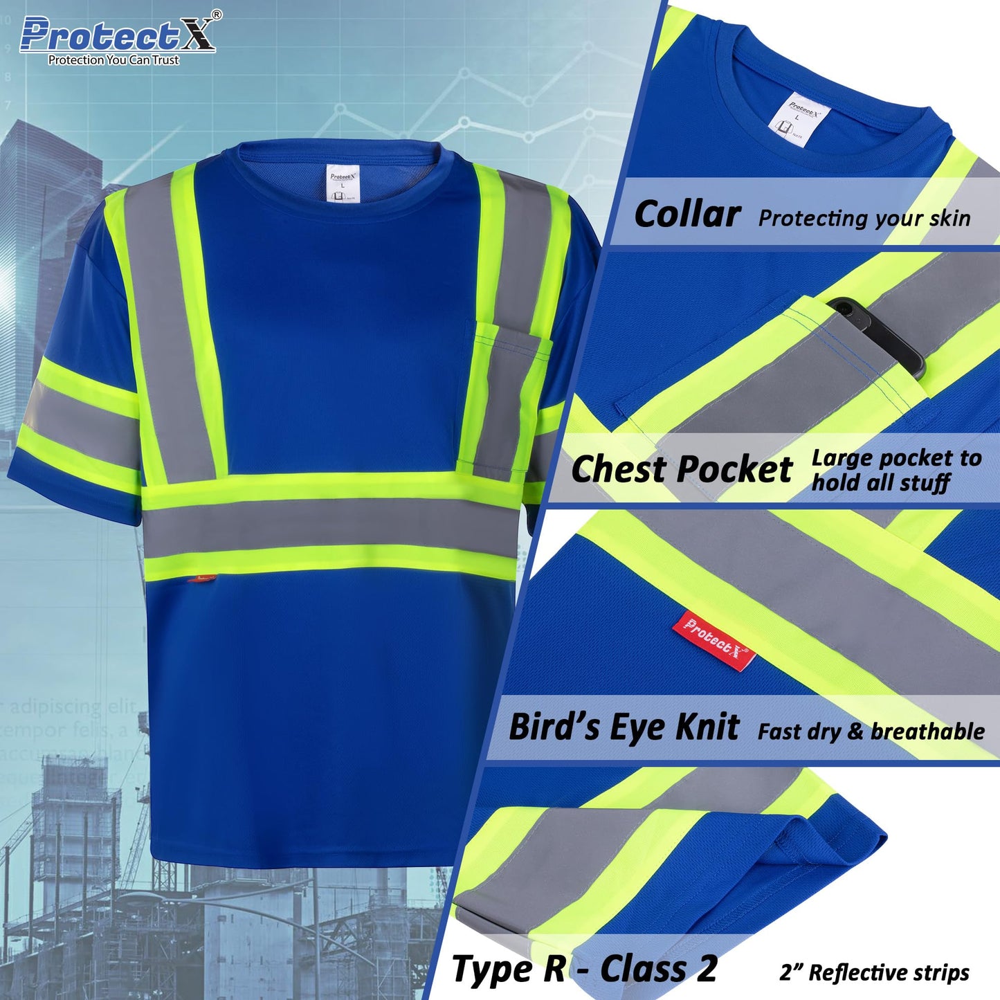 ProtectX High Visibility Short Sleeve Reflective Safety T-Shirt, Men's Heavy Duty Breathable Hi Vis Shirts, Class 2 Type R