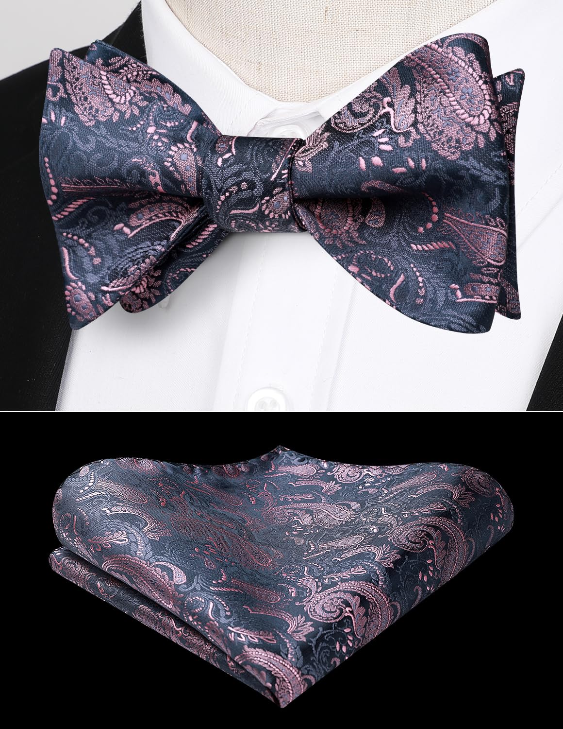 HISDERN Bow Ties for Men Paisley Bowties Mens Self Tie Bow Tie and Pocket Square Set Formal Tuxedo Wedding Bowtie