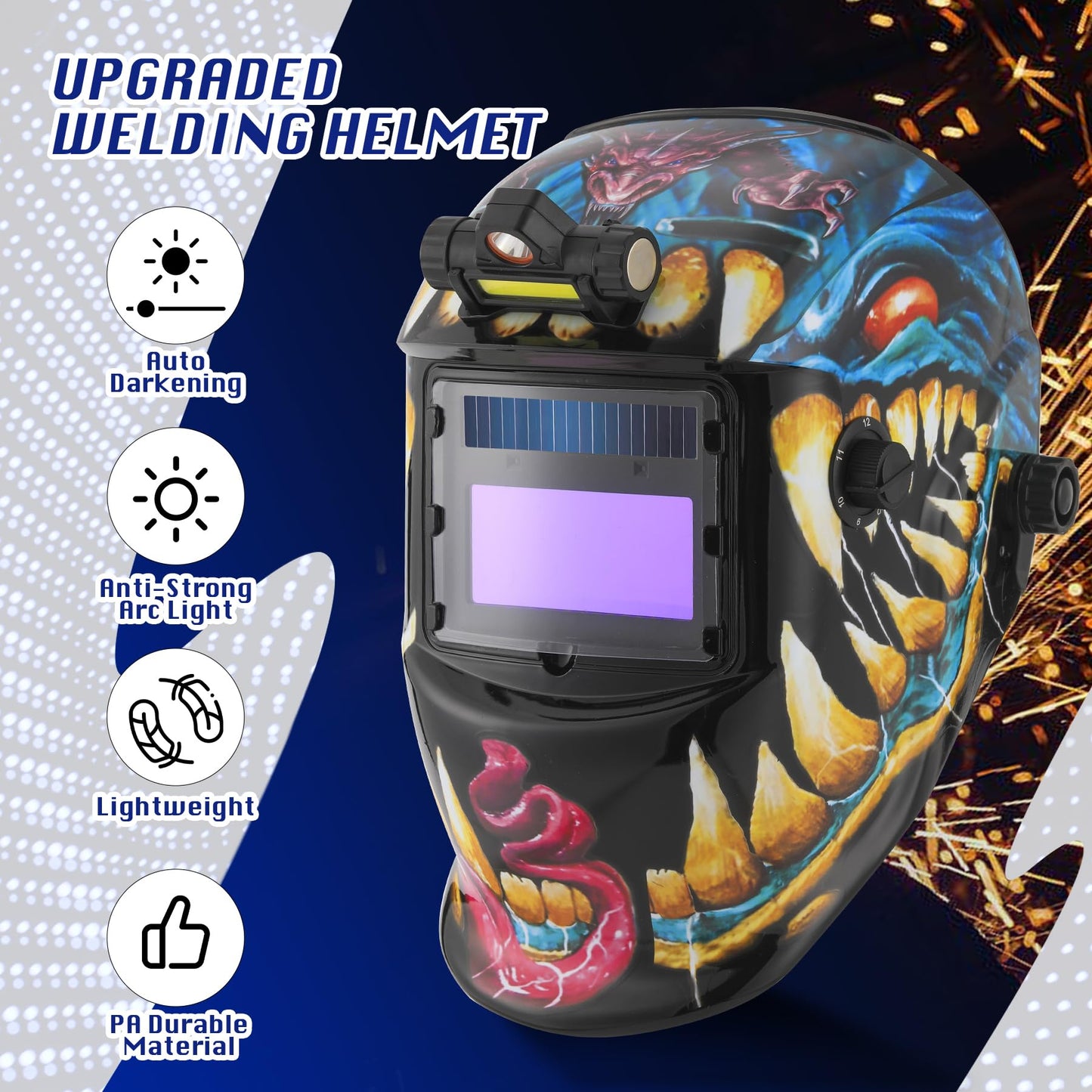 Welding Helmet Auto Darkening with LED Light Solar Powered Welder Hood with Adjustable Shade Range 4/9-13 for Mig Tig Arc Welding Mask