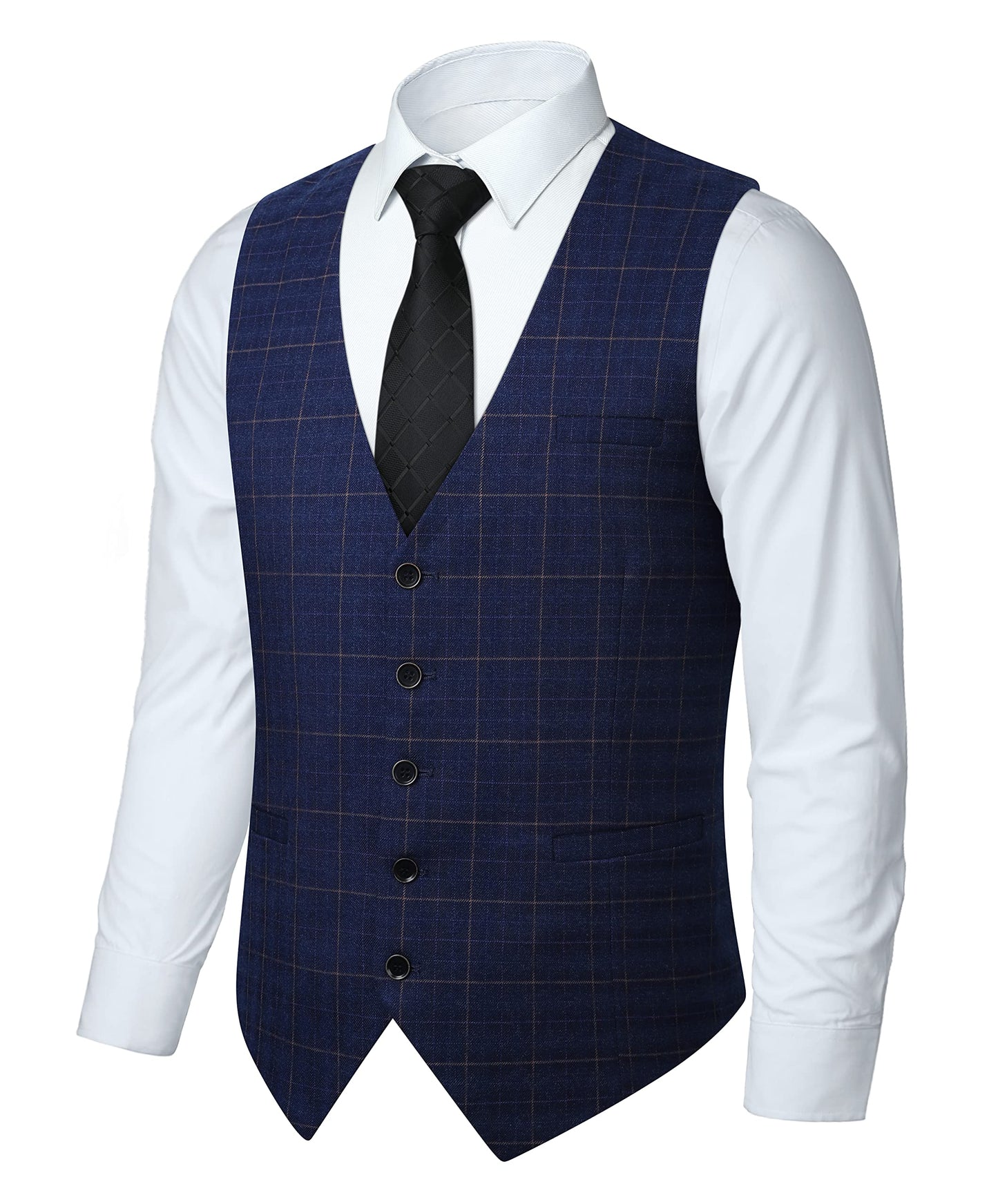 HISDERN Men's Suit Vest Plaid Dress Vest for Men Slim Fit Formal Business Waistcoat Tuxedo V-Ncek Solid Vest for Wedding