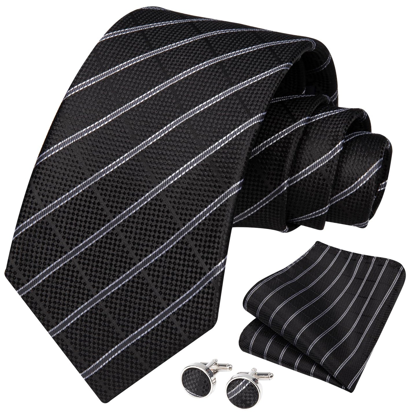 HISDERN Mens Ties Set Stripe Plaid Ties for Men and Pocket Square Cufflinks Formal Silk Necktie Wedding Business