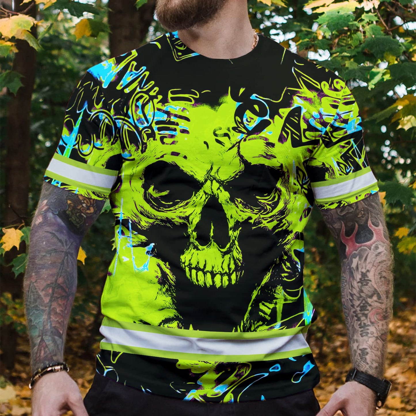 Color US Flag Skull High Visibility Shirt for Men Custom Name Safety Shirts Workwear for Patriotic, Runners