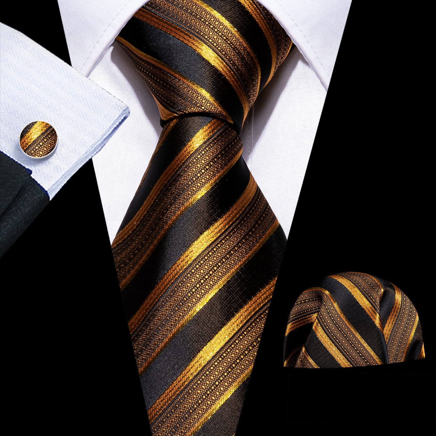 Barry.Wang Stripe Men Ties Set Classic WOVEN Necktie with Handkerchief Cufflinks Formal