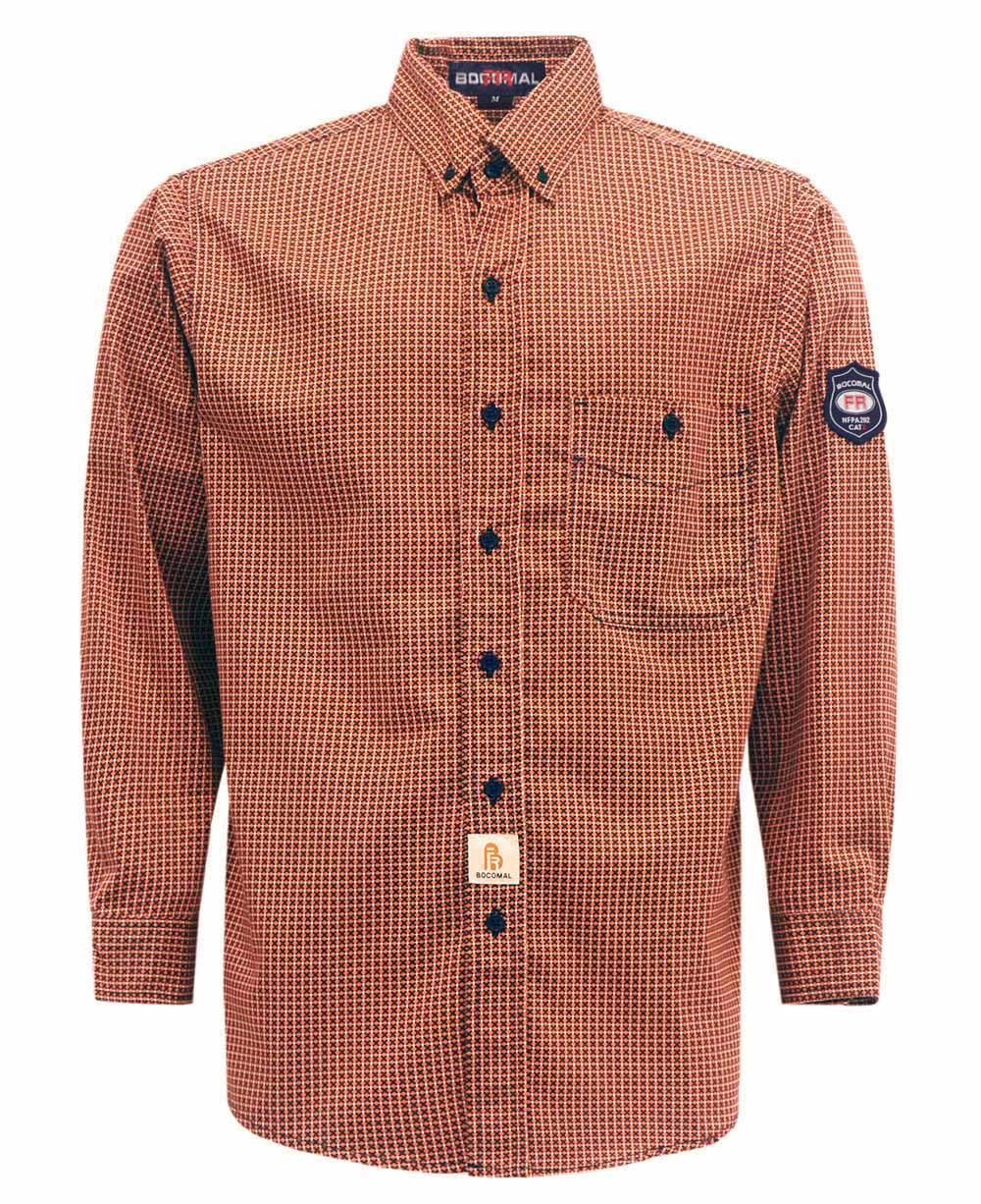 BOCOMAL FR Shirts for Men Printed Plaid Flame Resistant Clothing 6.5oz Cotton Button Up Welding Shirts NFPA2112 CAT2