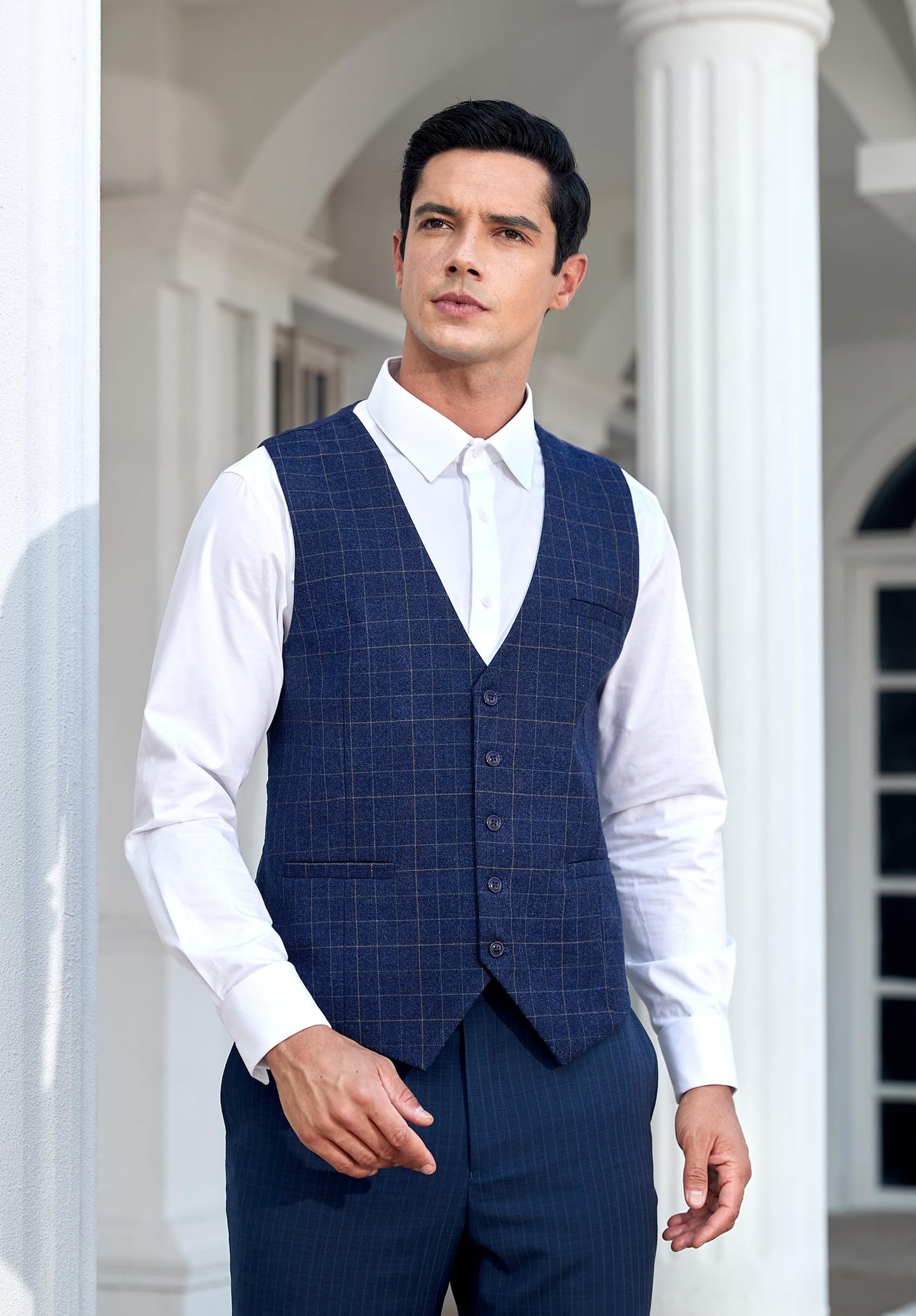 HISDERN Men's Suit Vest Plaid Dress Vest for Men Slim Fit Formal Business Waistcoat Tuxedo V-Ncek Solid Vest for Wedding