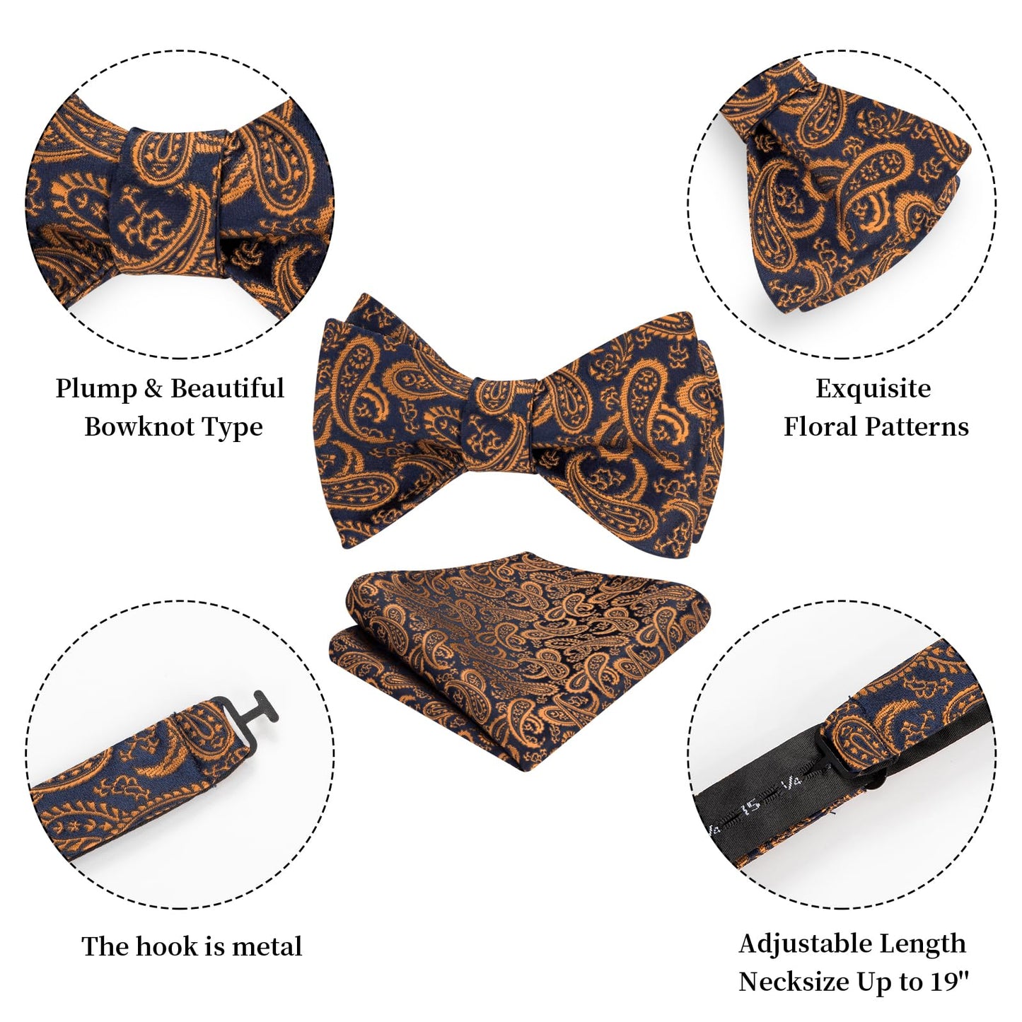 HISDERN Bow Ties for Men Paisley Bowties Mens Self Tie Bow Tie and Pocket Square Set Formal Tuxedo Wedding Bowtie