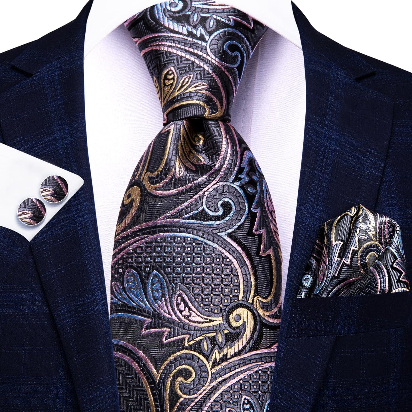 Hi-Tie Silk Paisley Ties for Men Necktie Pocket Square Cufflinks Set Foral Tie Sets Formal Business