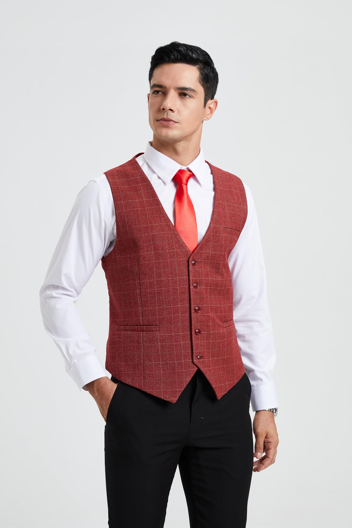 HISDERN Men's Suit Vest Plaid Dress Vest for Men Slim Fit Formal Business Waistcoat Tuxedo V-Ncek Solid Vest for Wedding