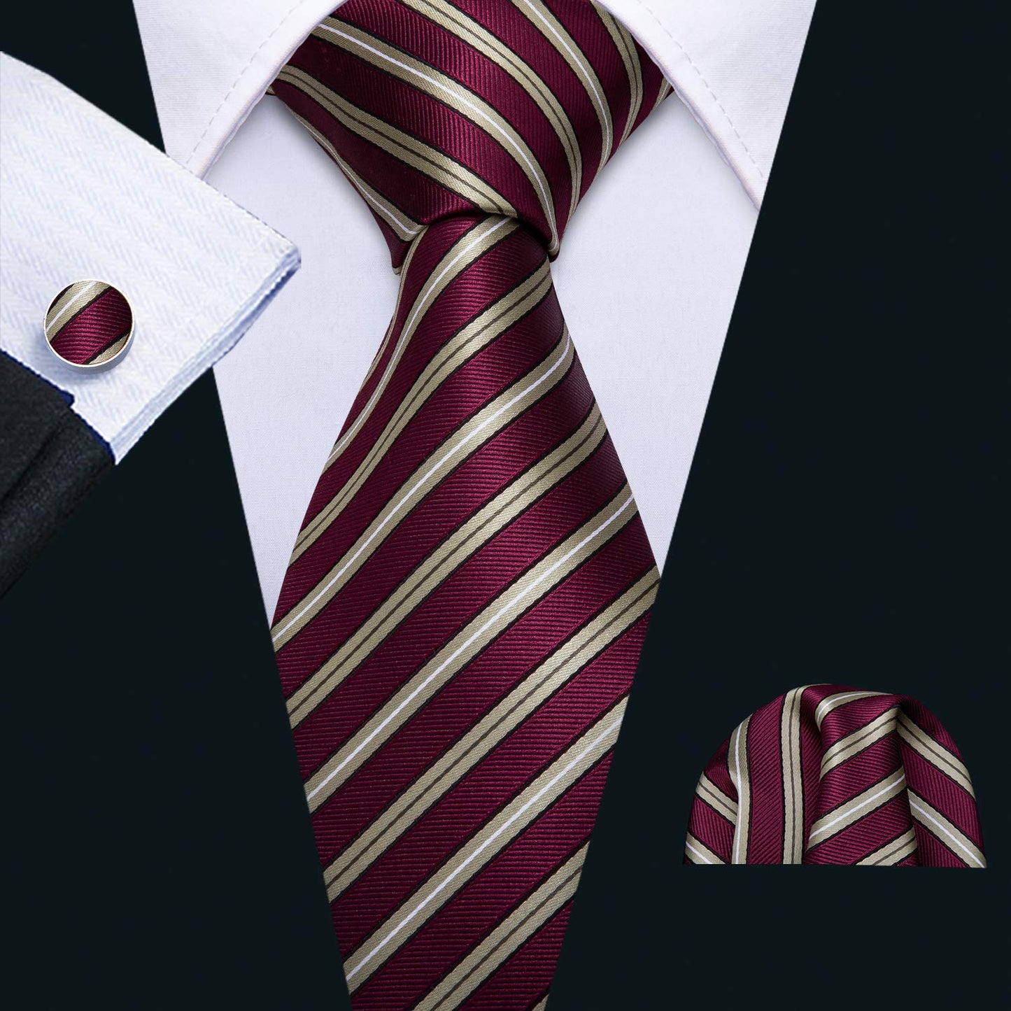 Barry.Wang Stripe Men Ties Set Classic WOVEN Necktie with Handkerchief Cufflinks Formal