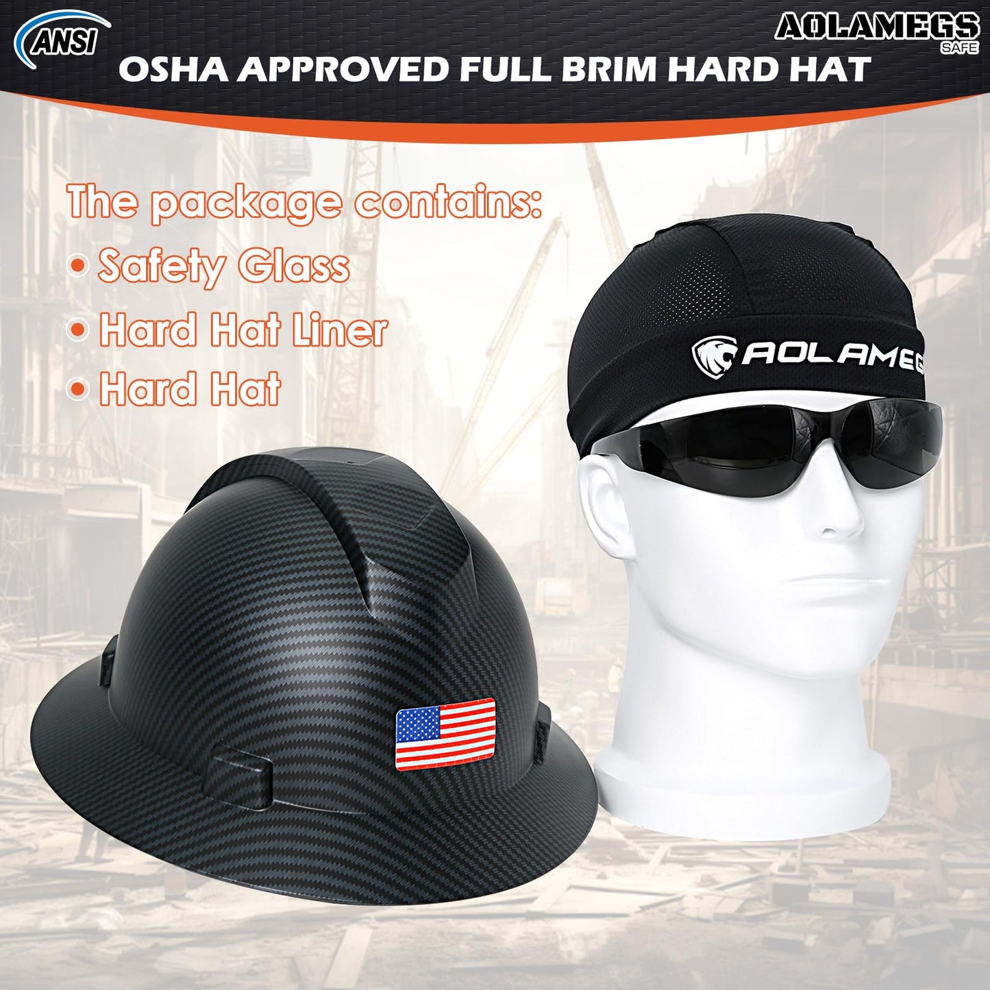 Stylish Full Brim Hard Hat with Visor and Liner (Option) -OSHA Approved Construction Safety Helmet for Men Women,ANSI Z89.1 Carbon Fiber Pattern Hardhats with Glasses and Chin Strap,4-pt