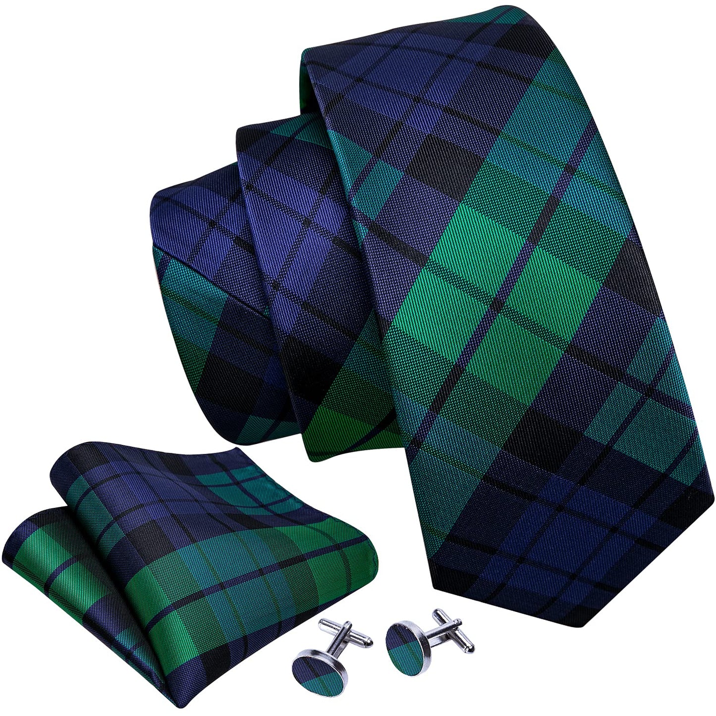 Barry.Wang Designer Classic Ties for Men Set Formal Pocket Square Cufflink Check Plaid