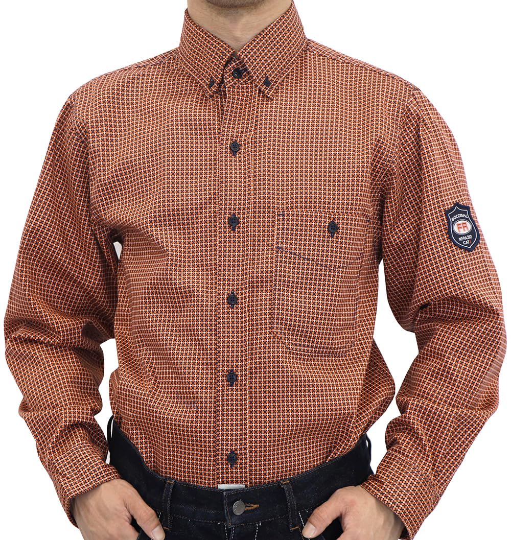 BOCOMAL FR Shirts for Men Printed Plaid Flame Resistant Clothing 6.5oz Cotton Button Up Welding Shirts NFPA2112 CAT2