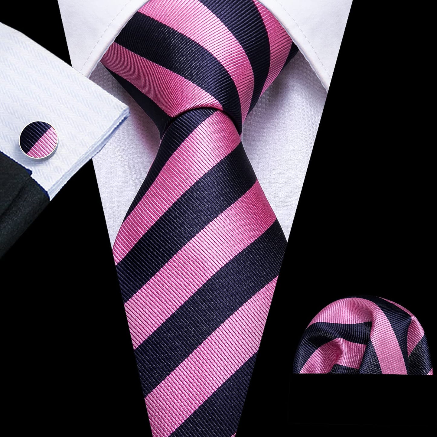 Barry.Wang Stripe Men Ties Set Classic WOVEN Necktie with Handkerchief Cufflinks Formal