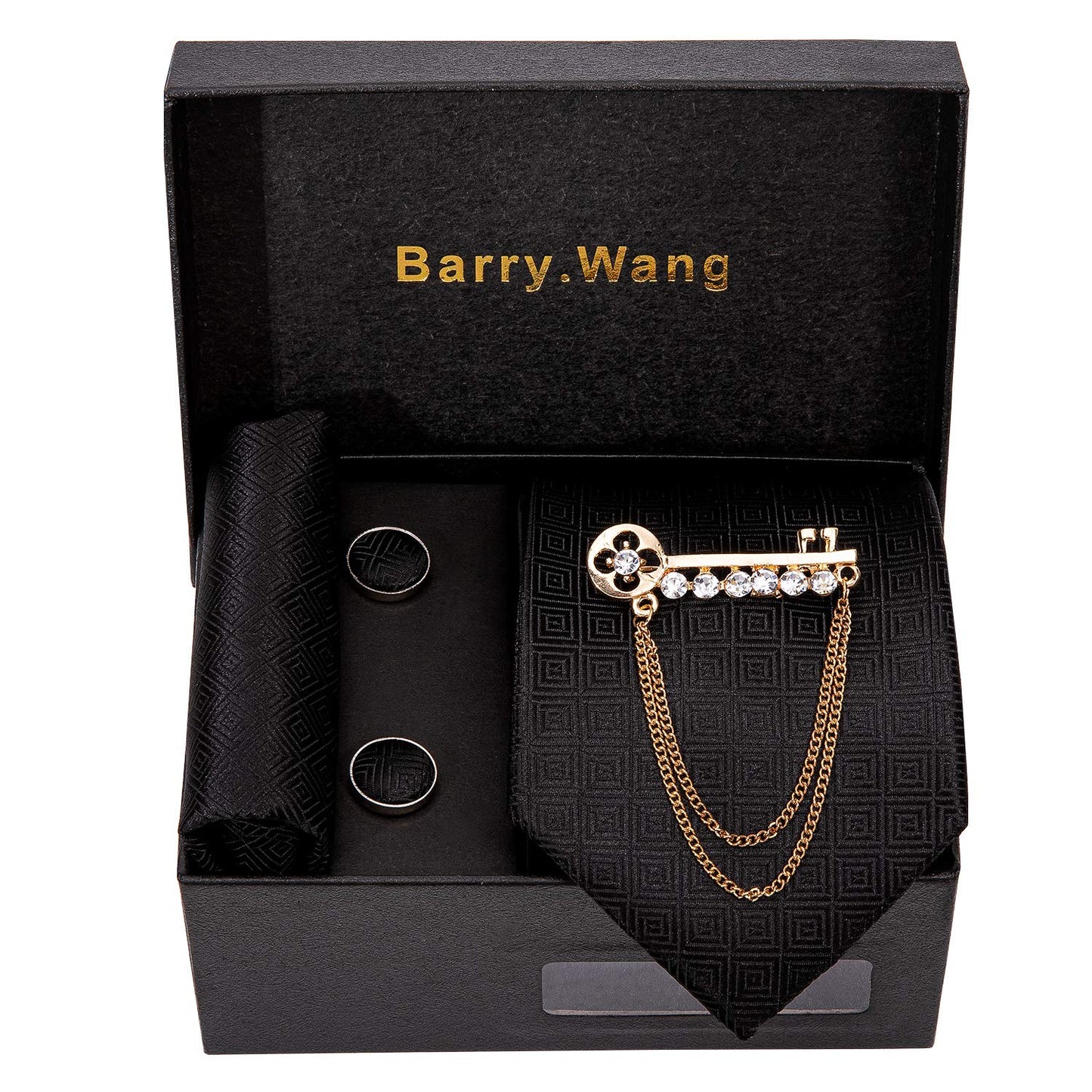 Barry.Wang Designer Classic Ties for Men Set Formal Pocket Square Cufflink Check Plaid