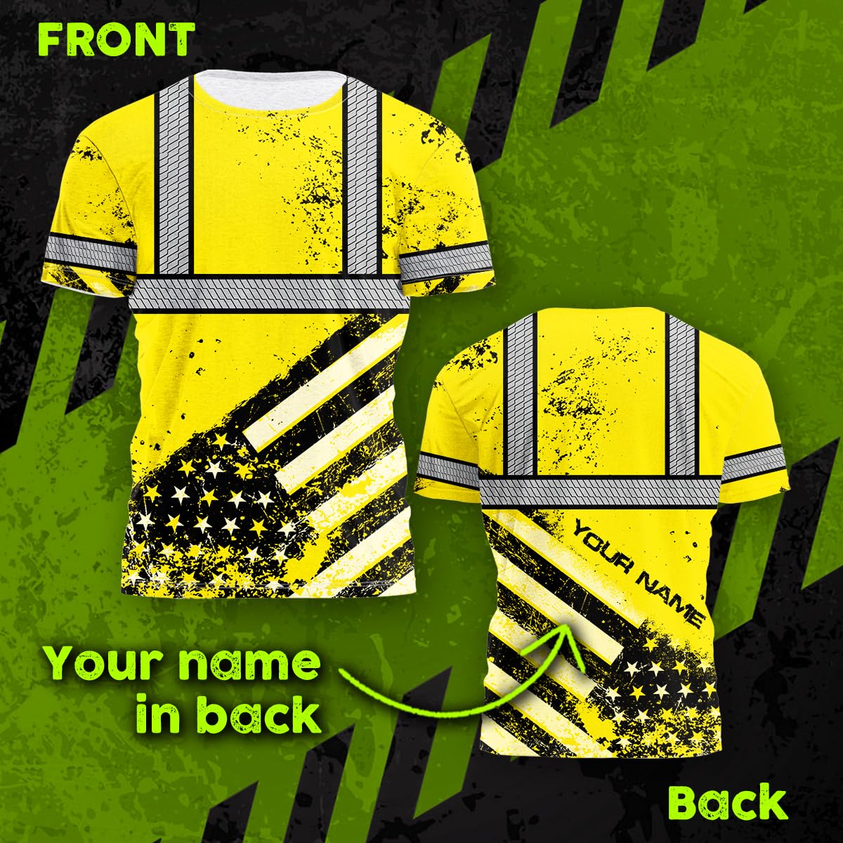 Color US Flag Skull High Visibility Shirt for Men Custom Name Safety Shirts Workwear for Patriotic, Runners