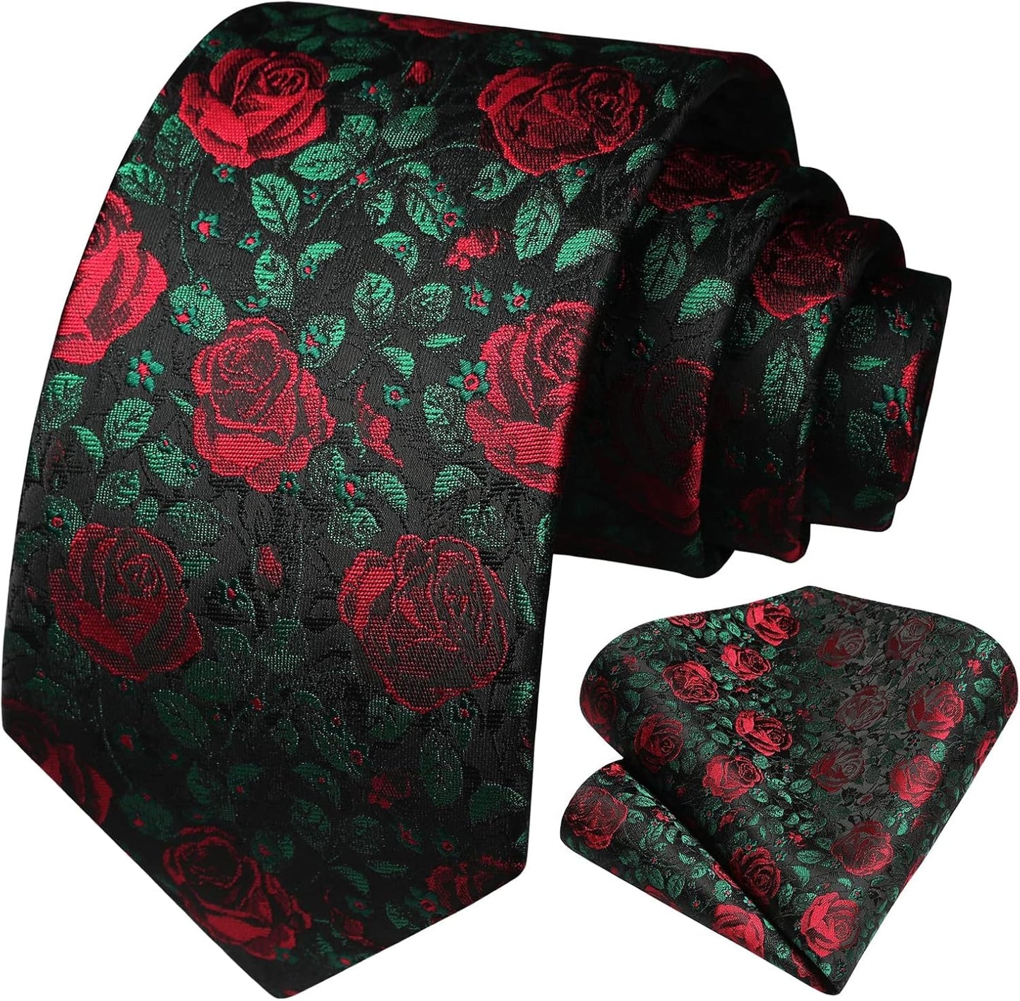 Men Floral Ties Woven Classic 3.4" NeckTie Set Formal Tie Pocket Square for Wedding with Handkerchief