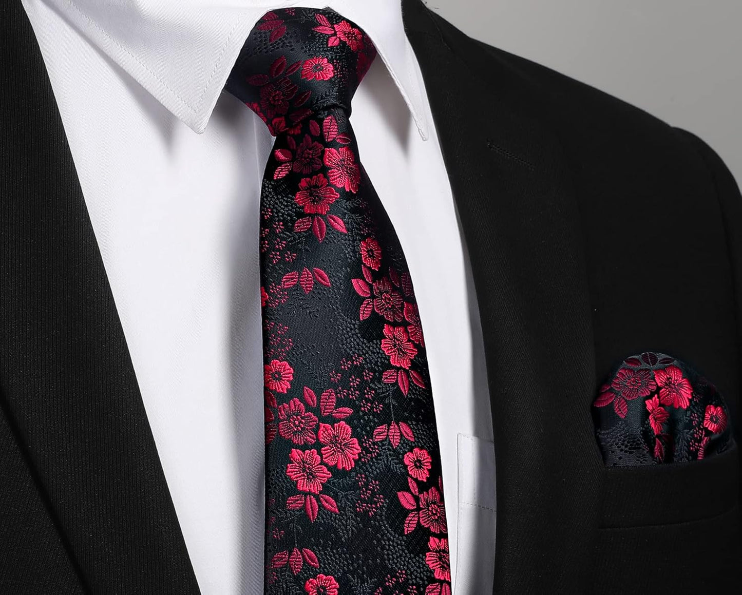 Men Floral Ties Woven Classic 3.4" NeckTie Set Formal Tie Pocket Square for Wedding with Handkerchief