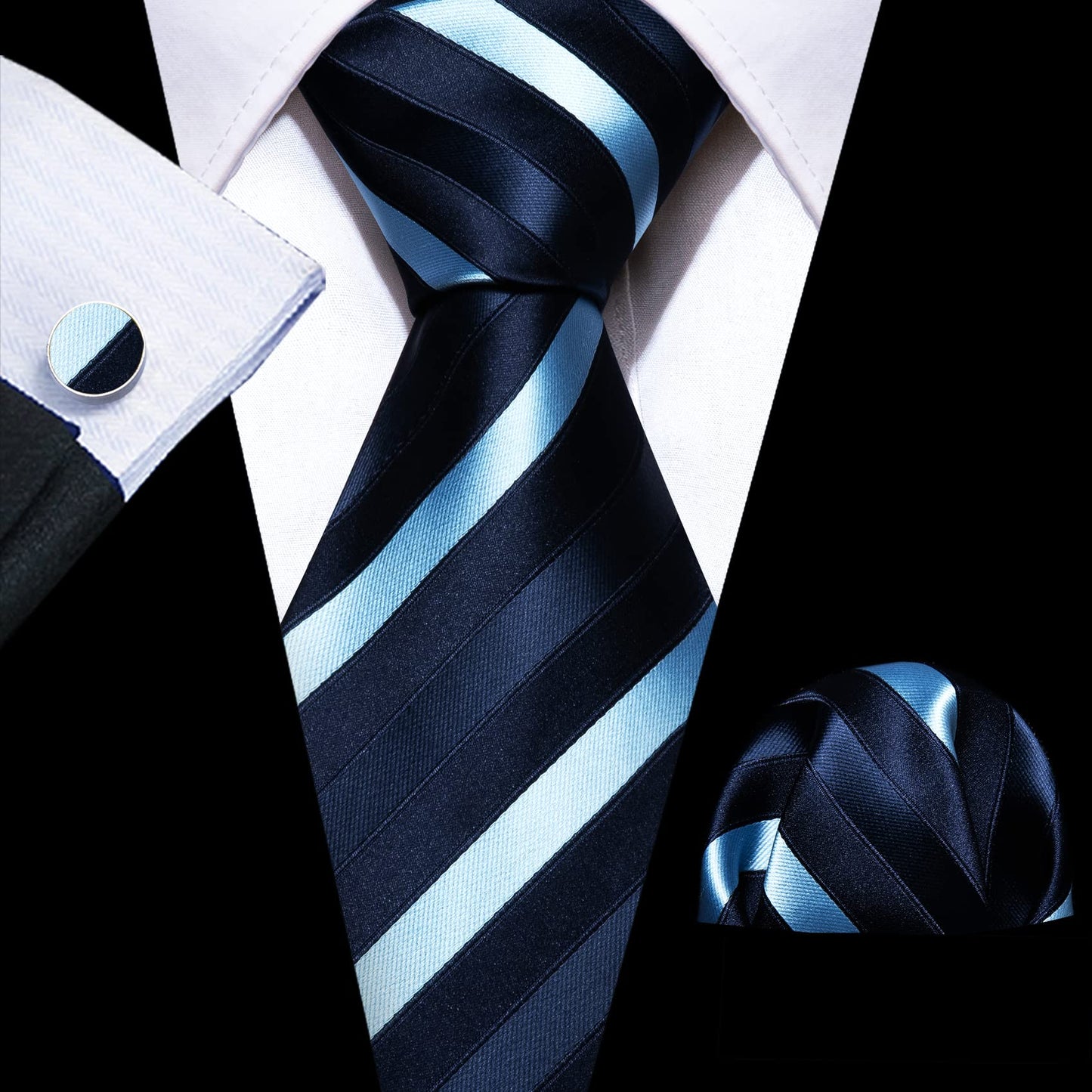 Barry.Wang Stripe Men Ties Set Classic WOVEN Necktie with Handkerchief Cufflinks Formal