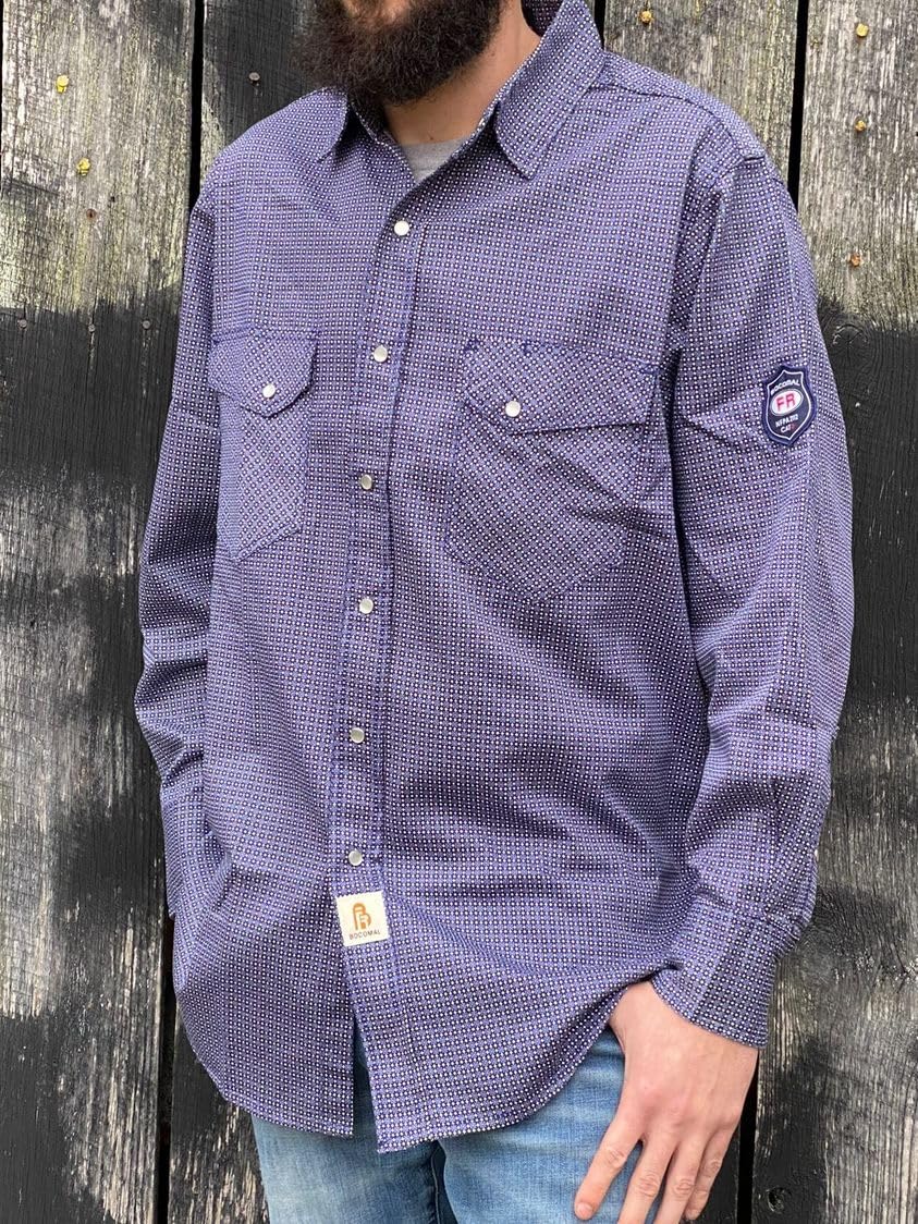 BOCOMAL FR Shirts for Men Printed Plaid Flame Resistant Clothing 6.5oz Cotton Button Up Welding Shirts NFPA2112 CAT2