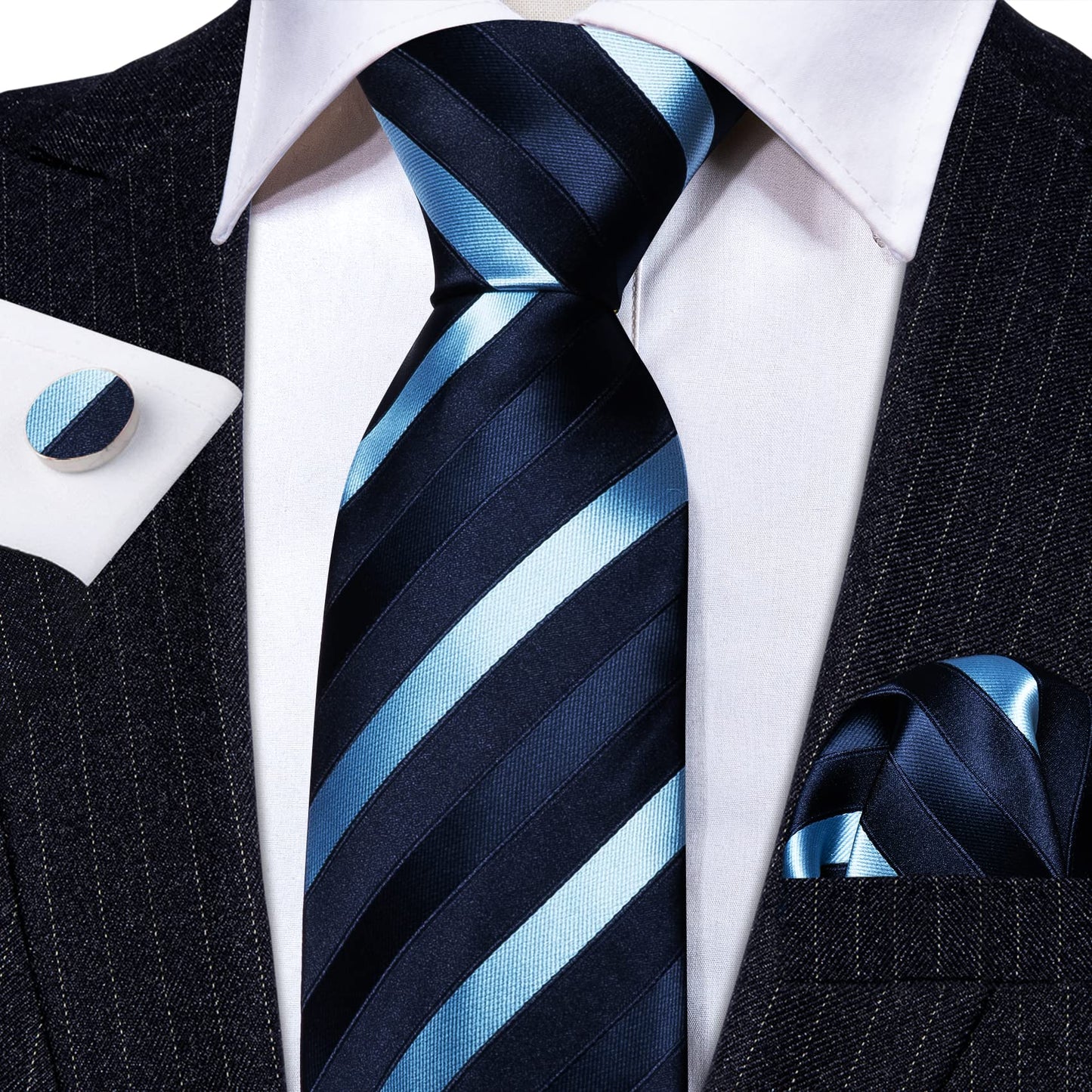 Barry.Wang Stripe Men Ties Set Classic WOVEN Necktie with Handkerchief Cufflinks Formal