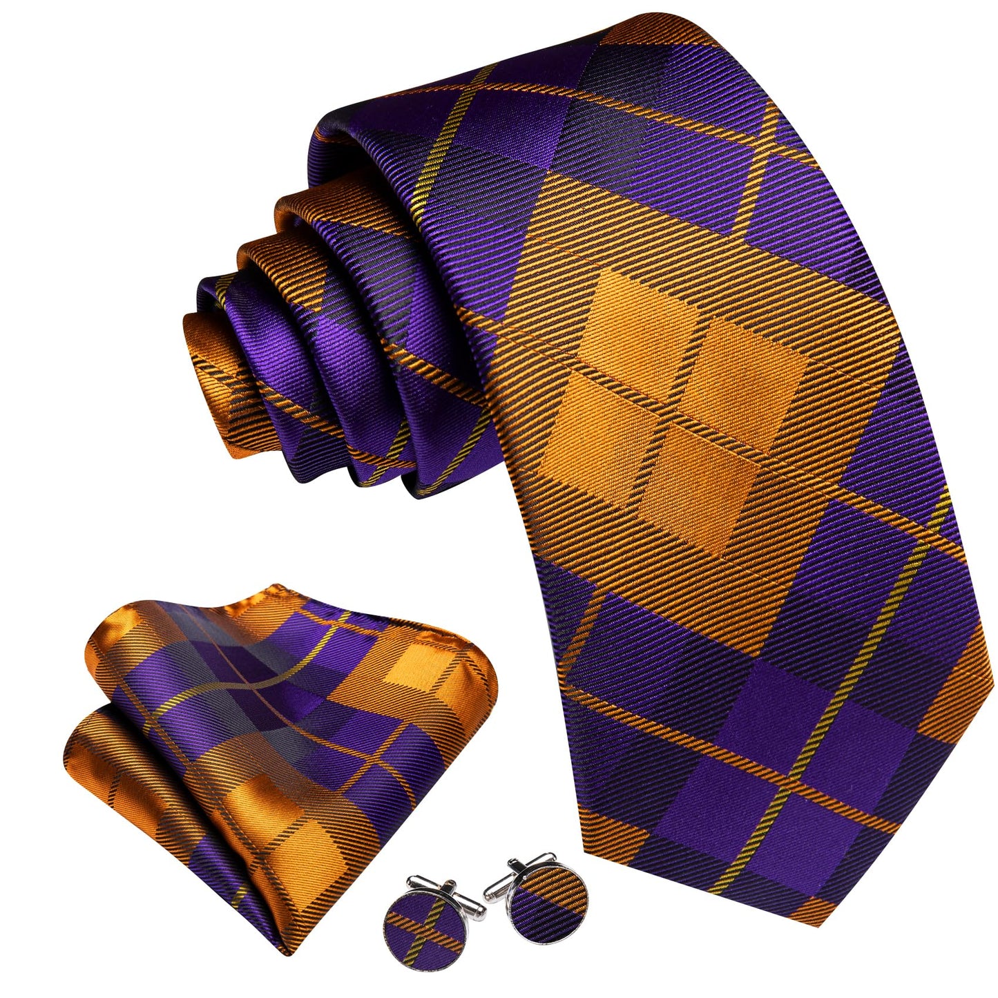 Barry.Wang Designer Classic Ties for Men Set Formal Pocket Square Cufflink Check Plaid