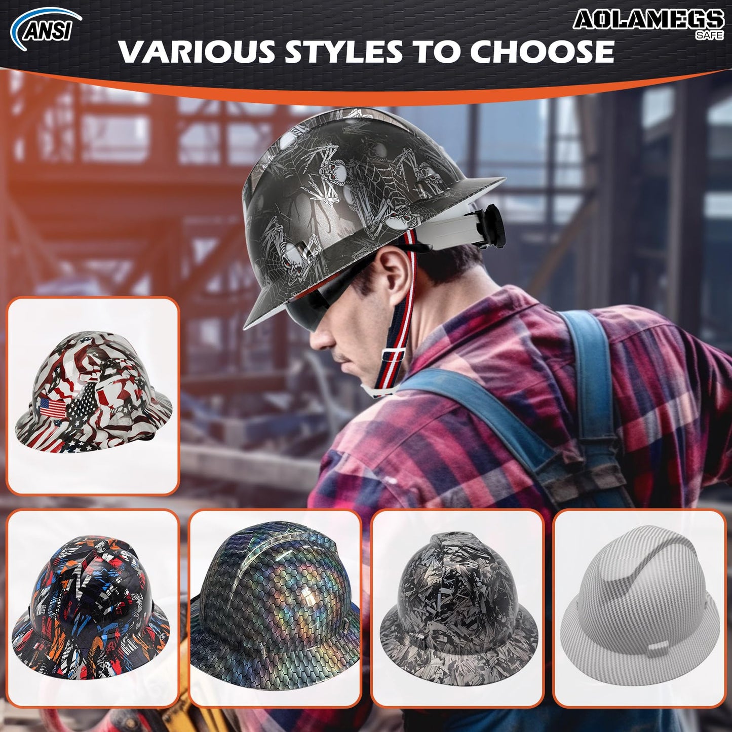 Stylish Full Brim Hard Hat with Visor and Liner (Option) -OSHA Approved Construction Safety Helmet for Men Women,ANSI Z89.1 Carbon Fiber Pattern Hardhats with Glasses and Chin Strap,4-pt